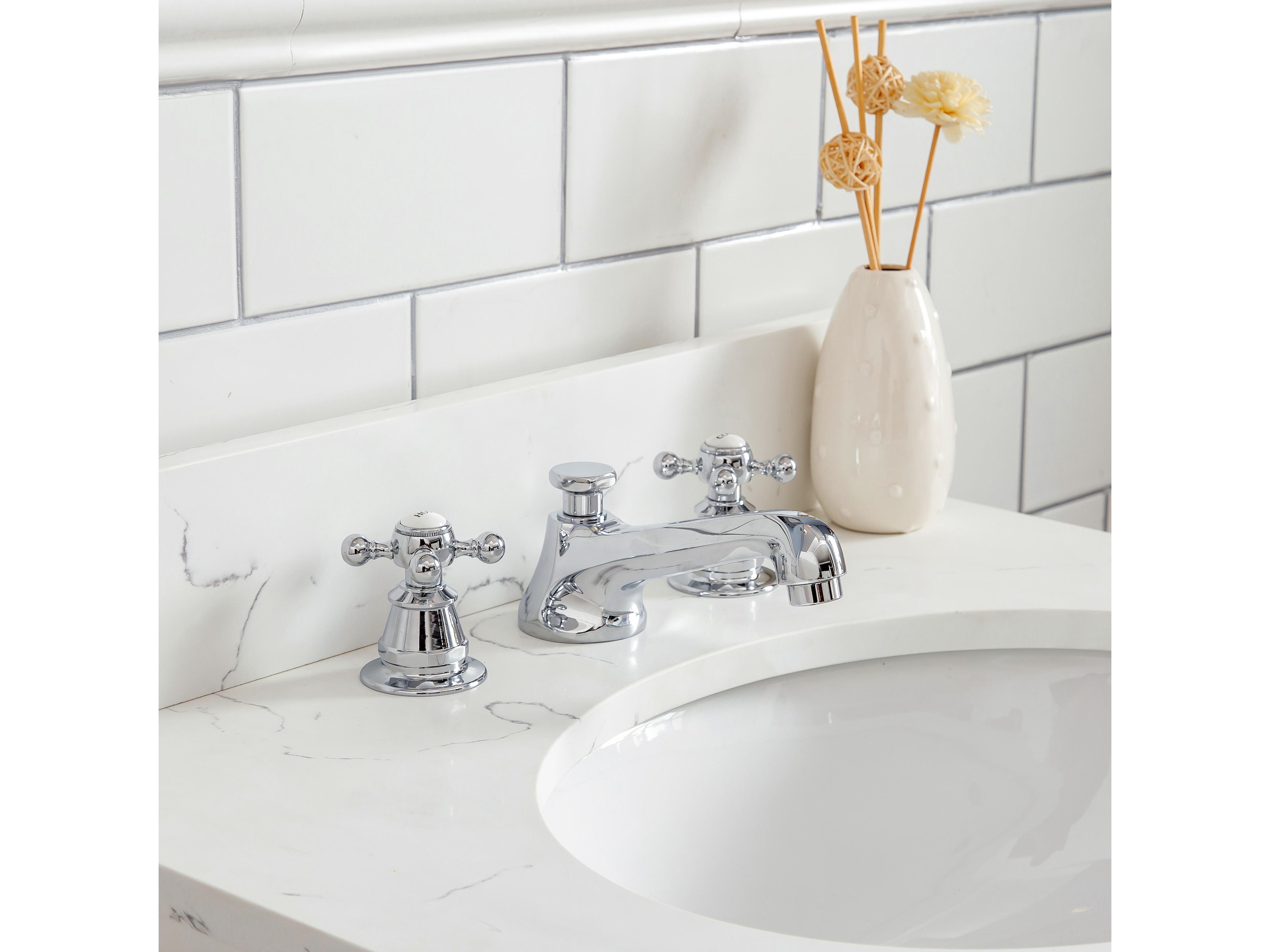 Water Creation Queen Single Sink Sink Carrara Quartz Countertop Bath Vanity in Cashmere Grey with Chrome Hardware and Classic Faucet