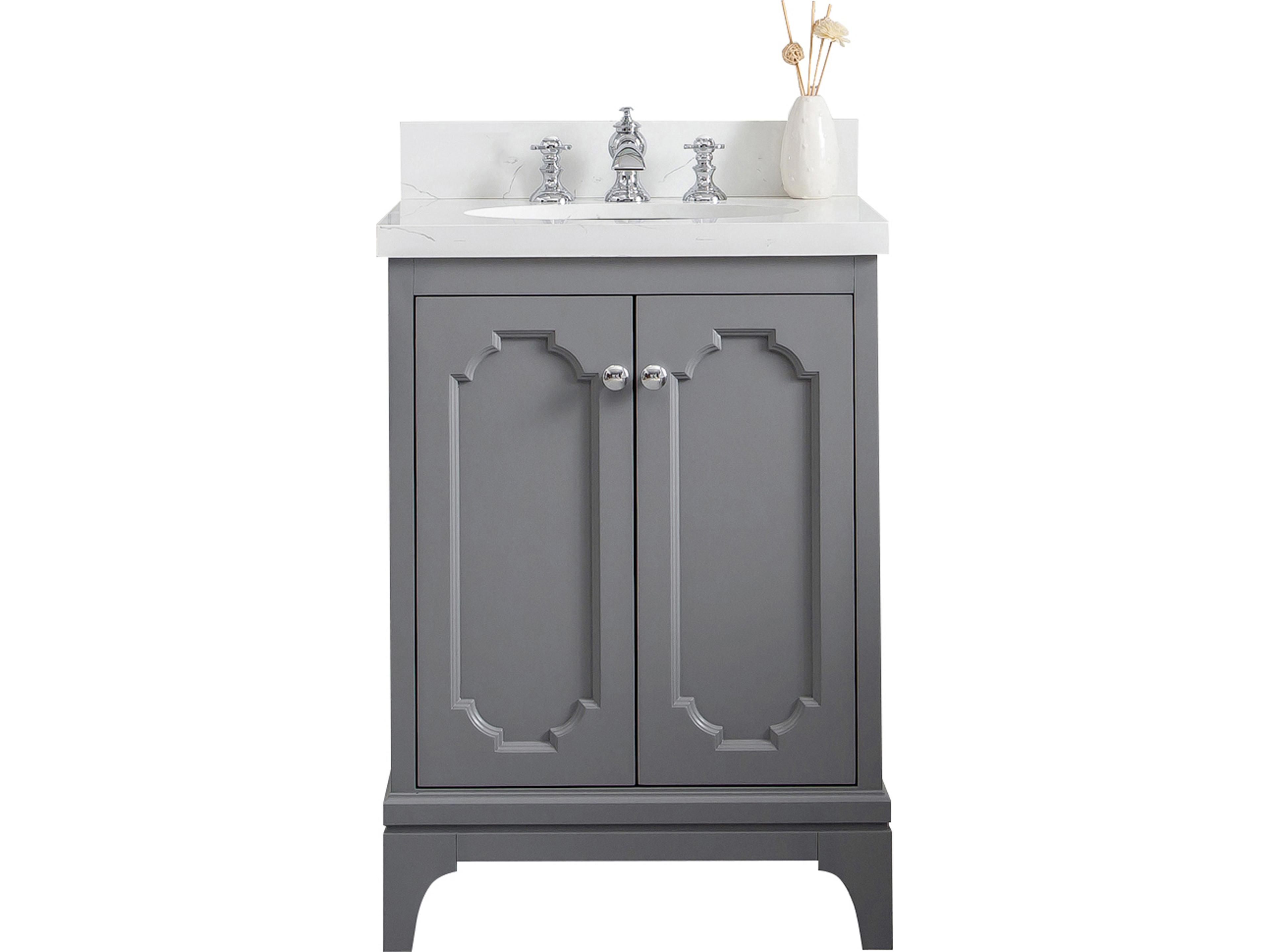 Queen Single Sink Sink Carrara Quartz Countertop Bath Vanity in Cashmere Grey with Chrome Hardware and Waterfall Faucet