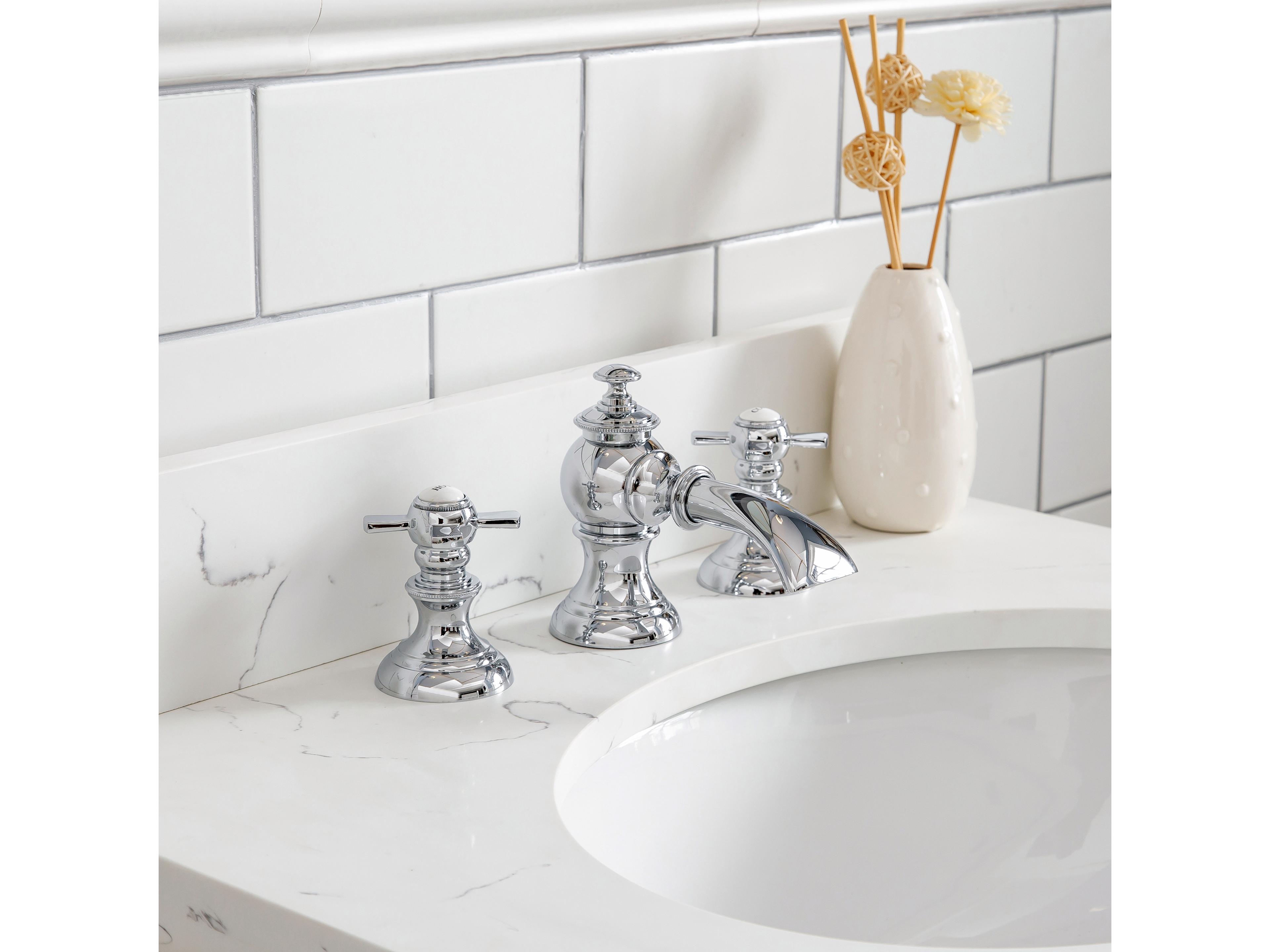 Water Creation Queen Single Sink Sink Carrara Quartz Countertop Bath Vanity in Cashmere Grey with Chrome Hardware and Waterfall Faucet