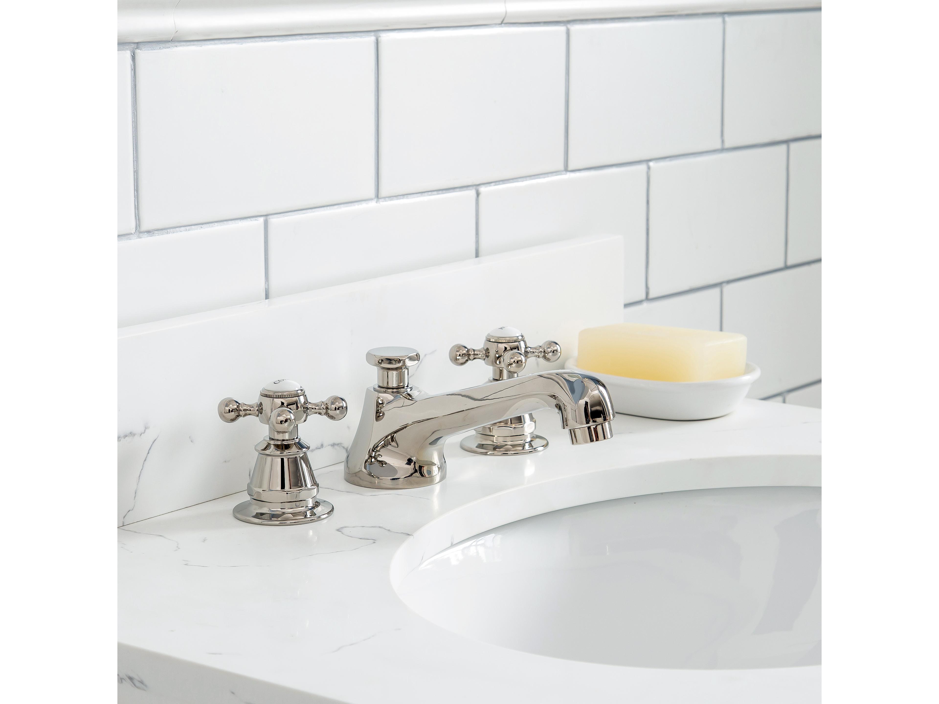 Water Creation Queen Single Sink Sink Carrara Quartz Countertop Bath Vanity in Pure White with Polished Nickel (PVD) Hardware and Classic Faucet