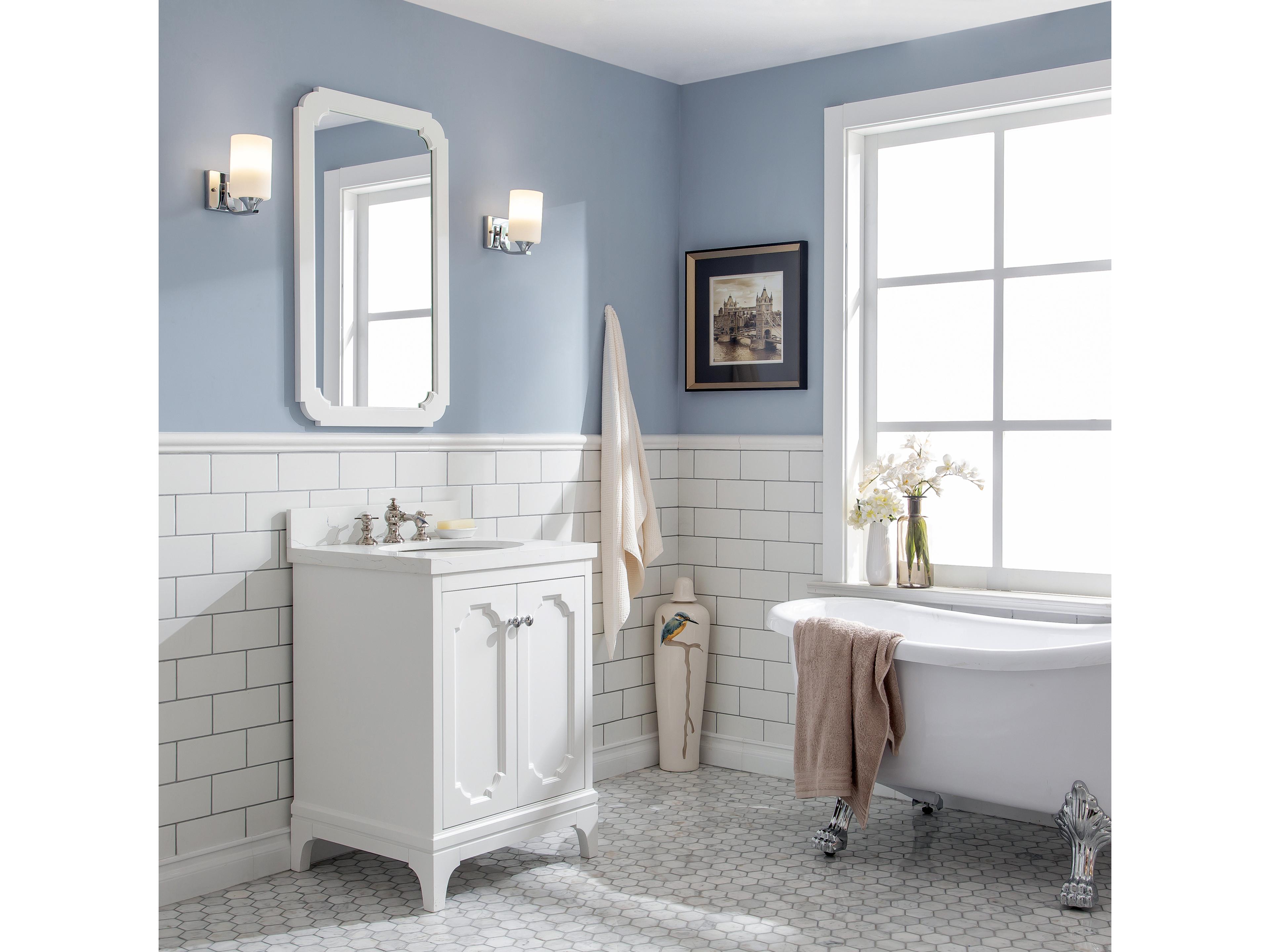 Water Creation Queen Single Sink Sink Carrara Quartz Countertop Bath Vanity in Pure White with Polished Nickel (PVD) Hardware and Waterfall Faucet