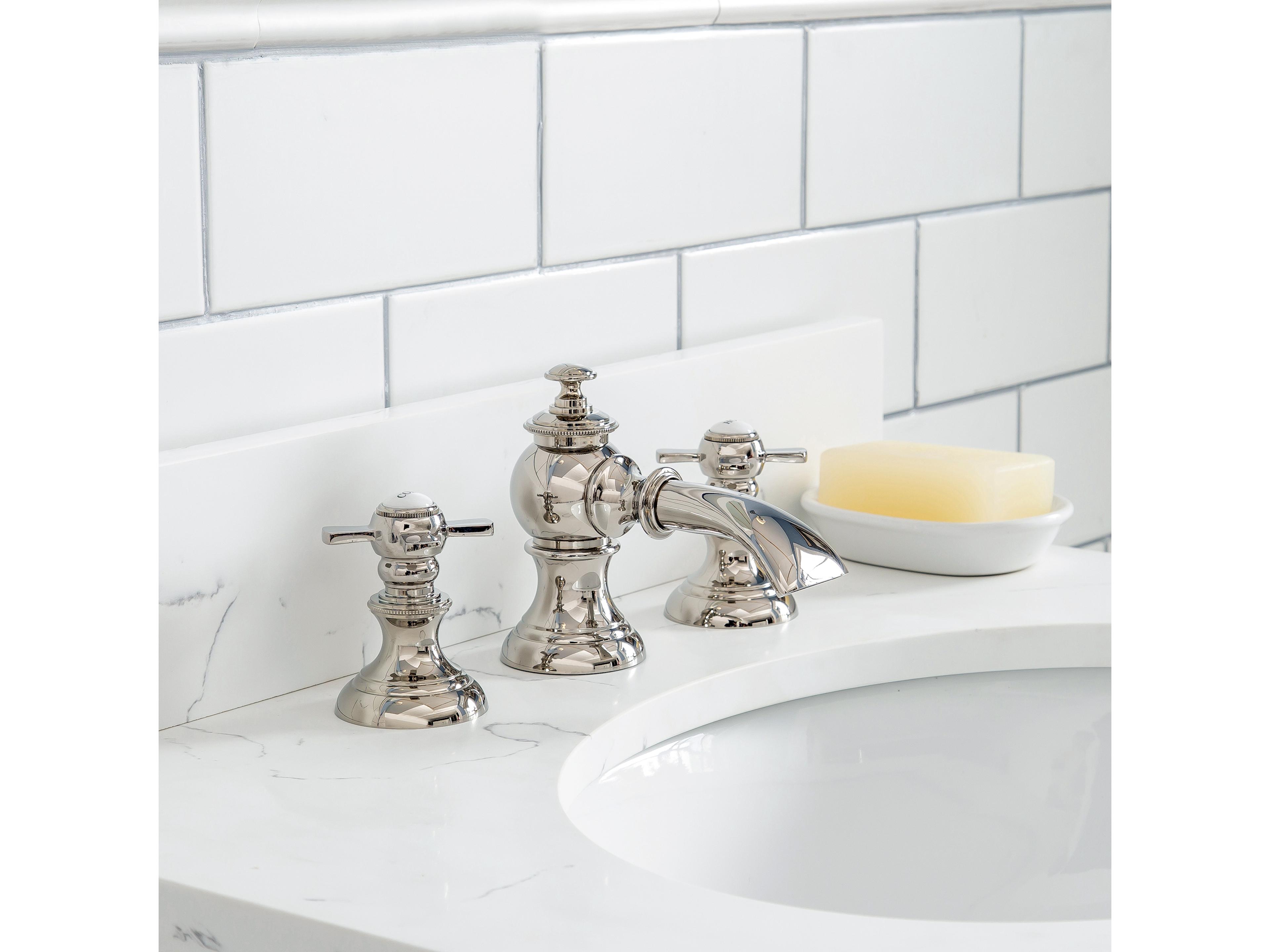 Water Creation Queen Single Sink Sink Carrara Quartz Countertop Bath Vanity in Pure White with Polished Nickel (PVD) Hardware and Waterfall Faucet