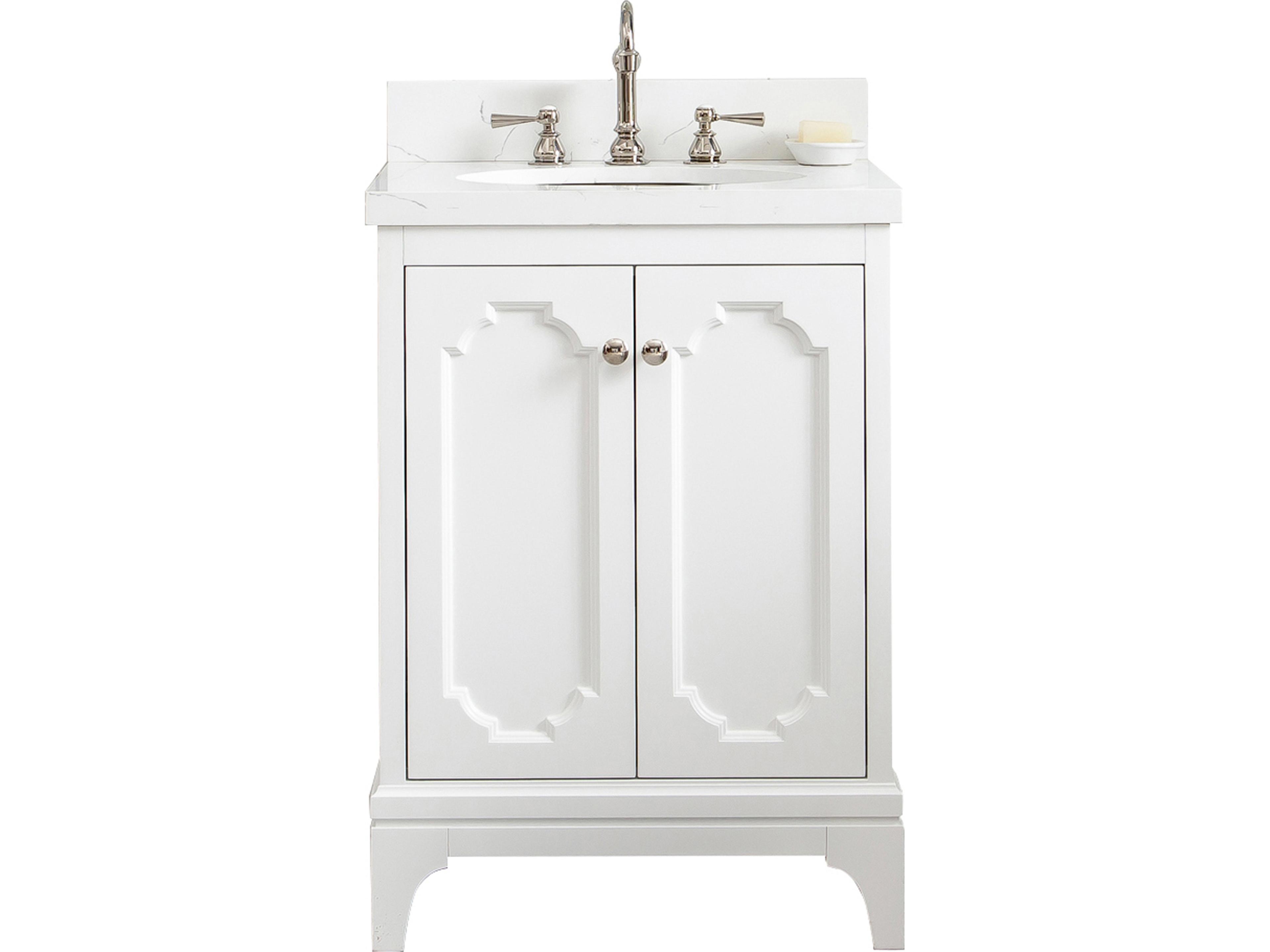 Queen Single Sink Sink Carrara Quartz Countertop Bath Vanity in Pure White with Polished Nickel (PVD) Hardware and Hook Facuet