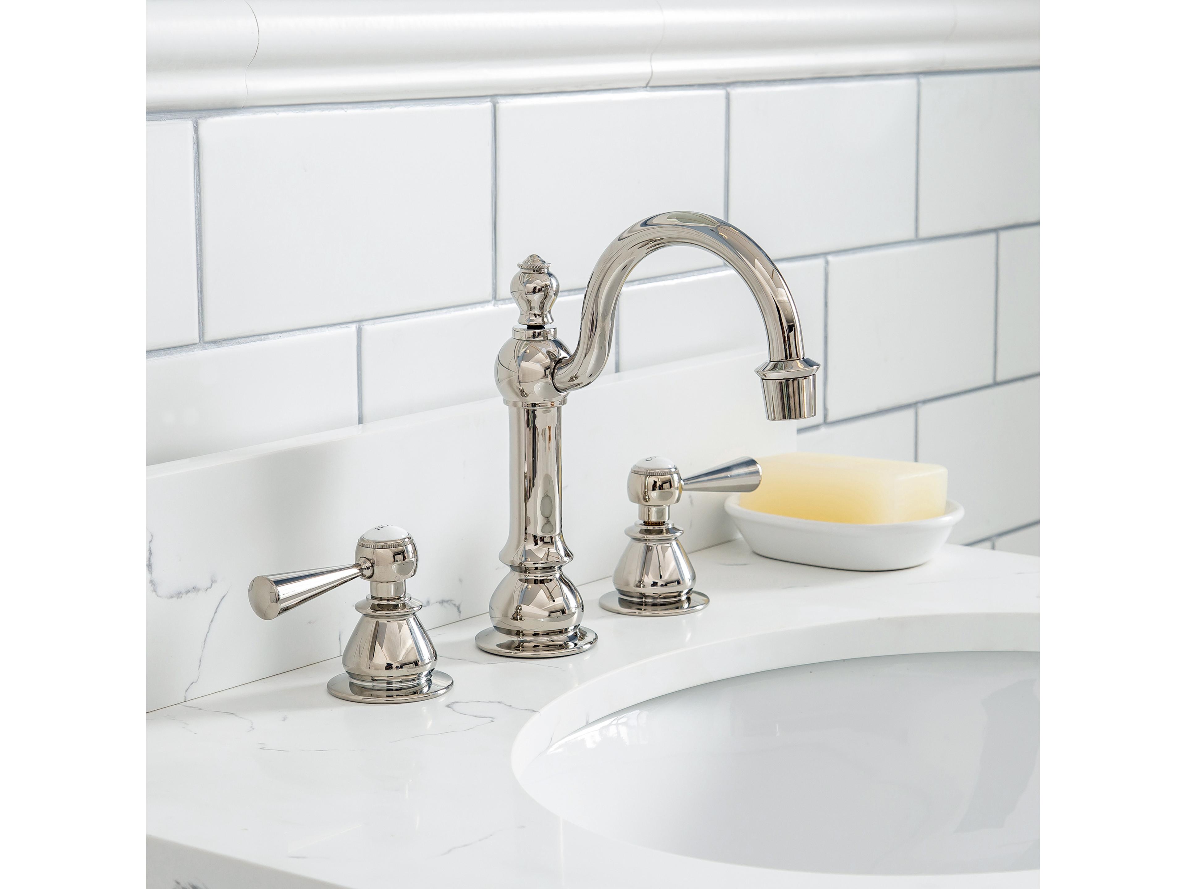 Water Creation Queen Single Sink Sink Carrara Quartz Countertop Bath Vanity in Pure White with Polished Nickel (PVD) Hardware and Hook Facuet