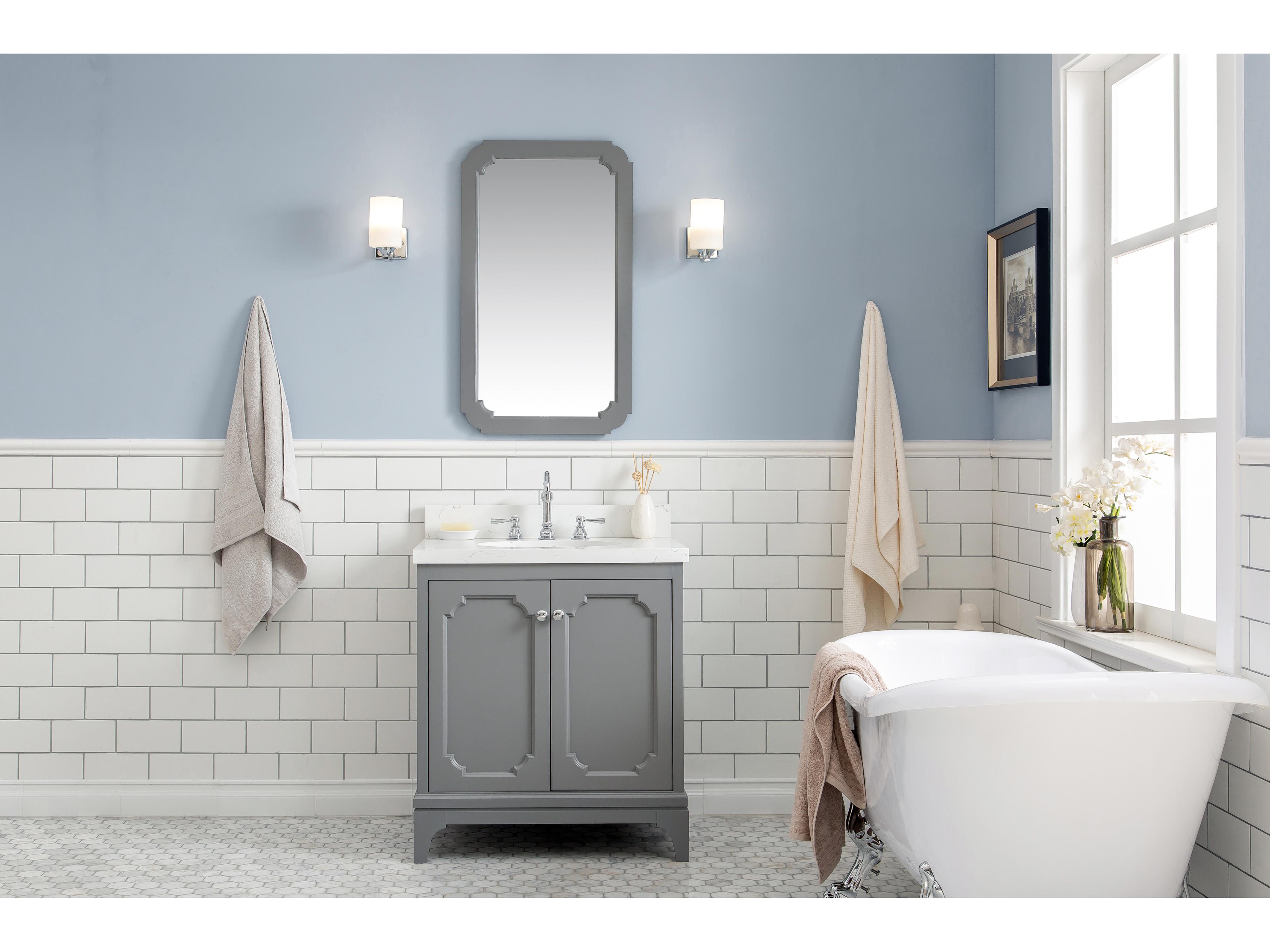 Water Creation Queen Single Sink Sink Carrara Quartz Countertop Bath Vanity in Cashmere Grey with Chrome Hardware and Hook Faucet