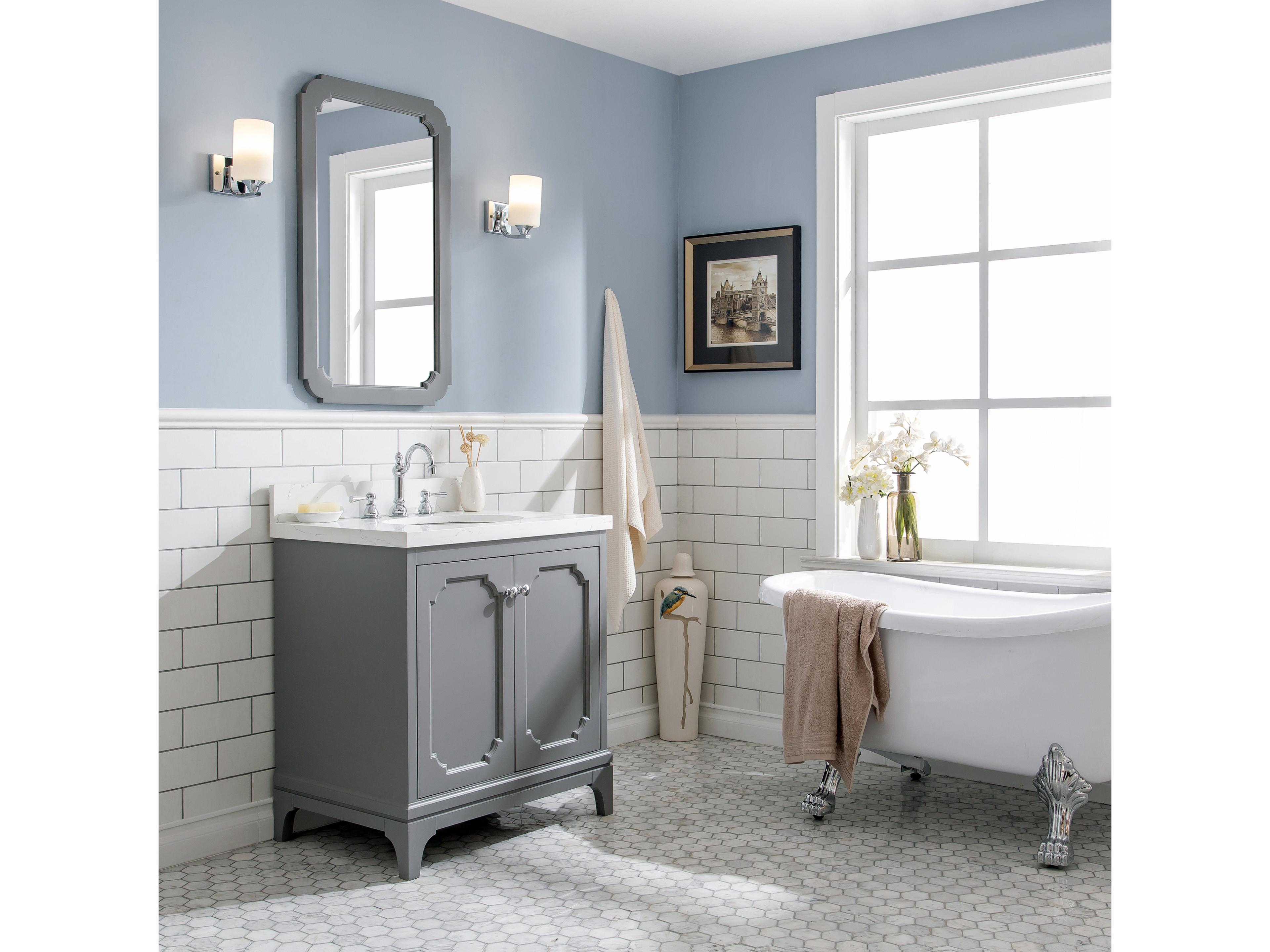 Water Creation Queen Single Sink Sink Carrara Quartz Countertop Bath Vanity in Cashmere Grey with Chrome Hardware and Hook Faucet