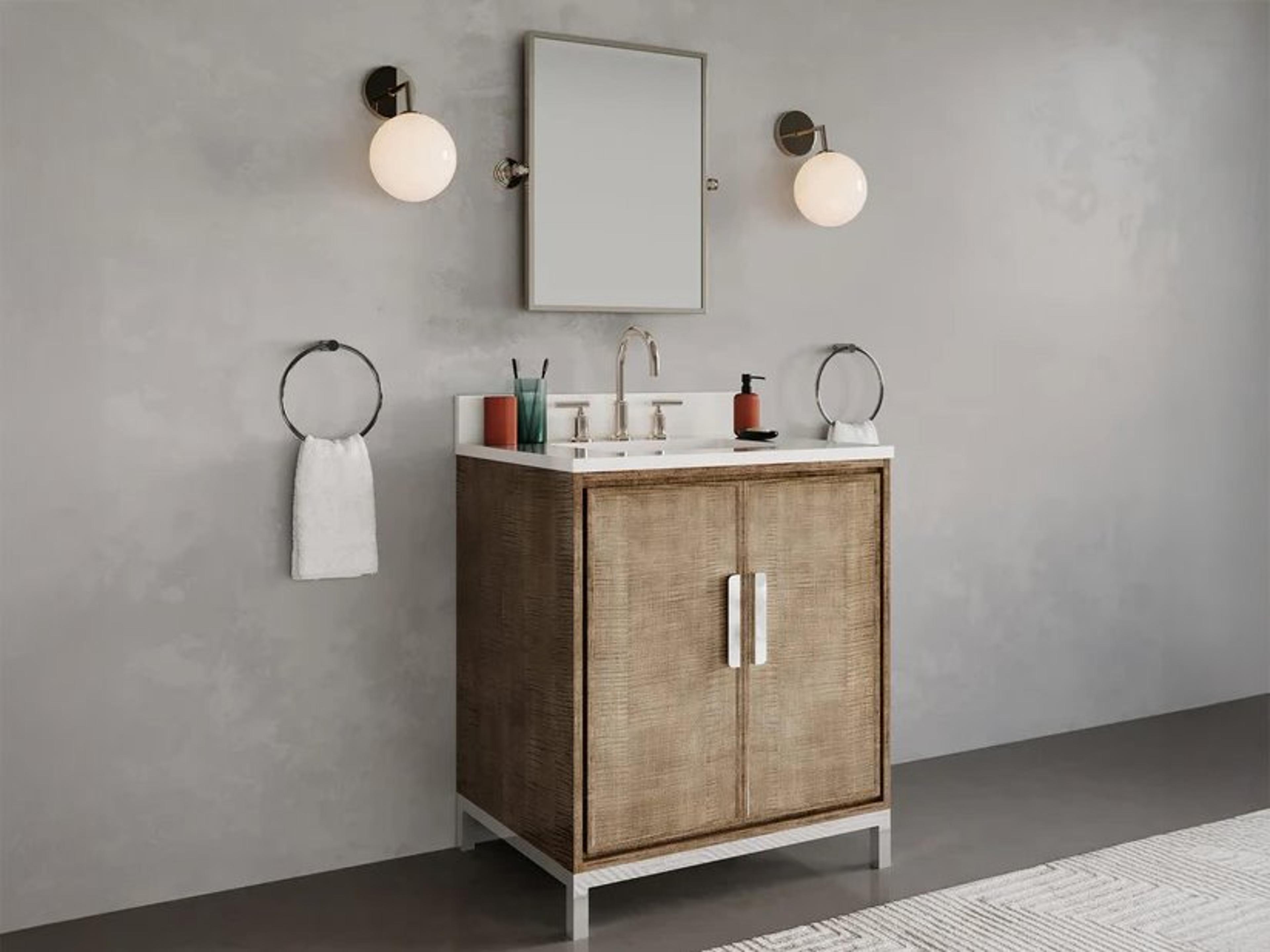 Water Creation Westin Single sink Whitebrook Quartz Countertop Bath Vanity in Lustrous Walnut  with Hook Faucet