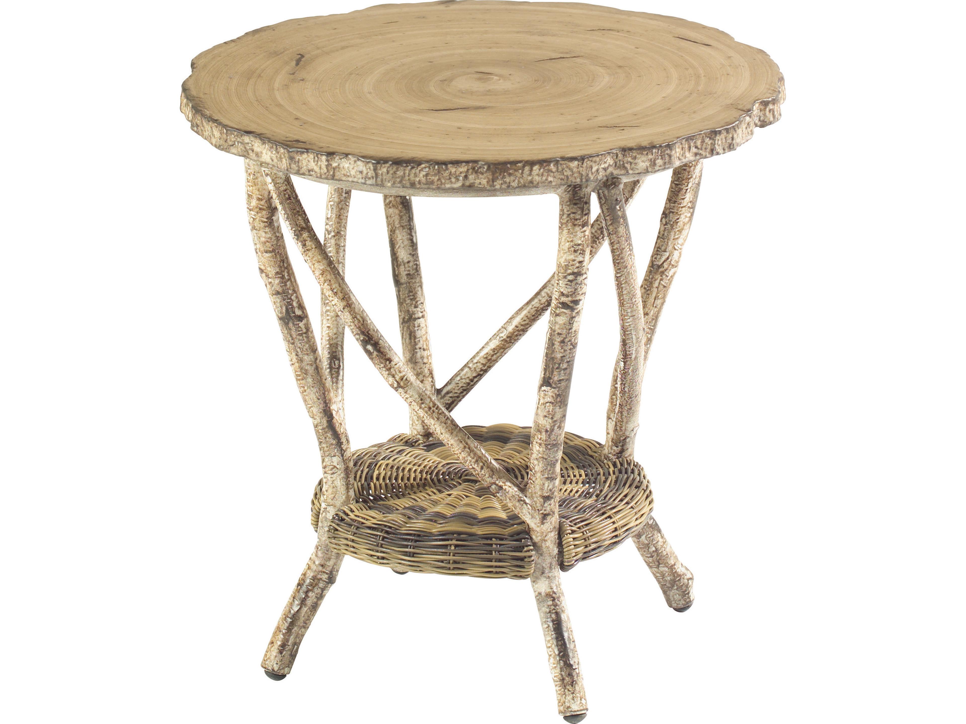 Whitecraft River Run Wicker Antique Palm Round Faux Birch Top Outdoor End Table