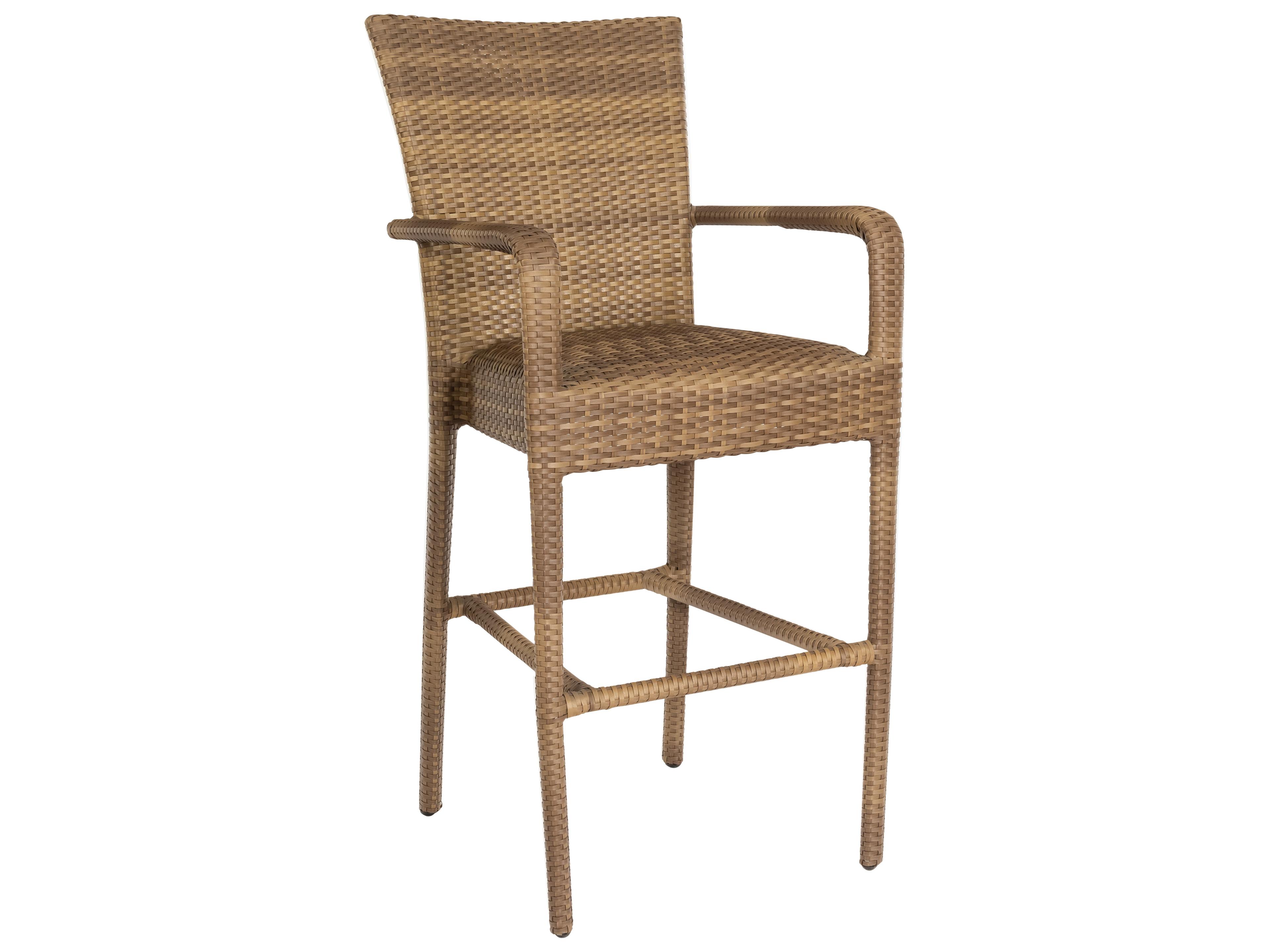 Woodard Whitecraft All Weather Wicker Padded Seat Patio Bar Stool with Arms