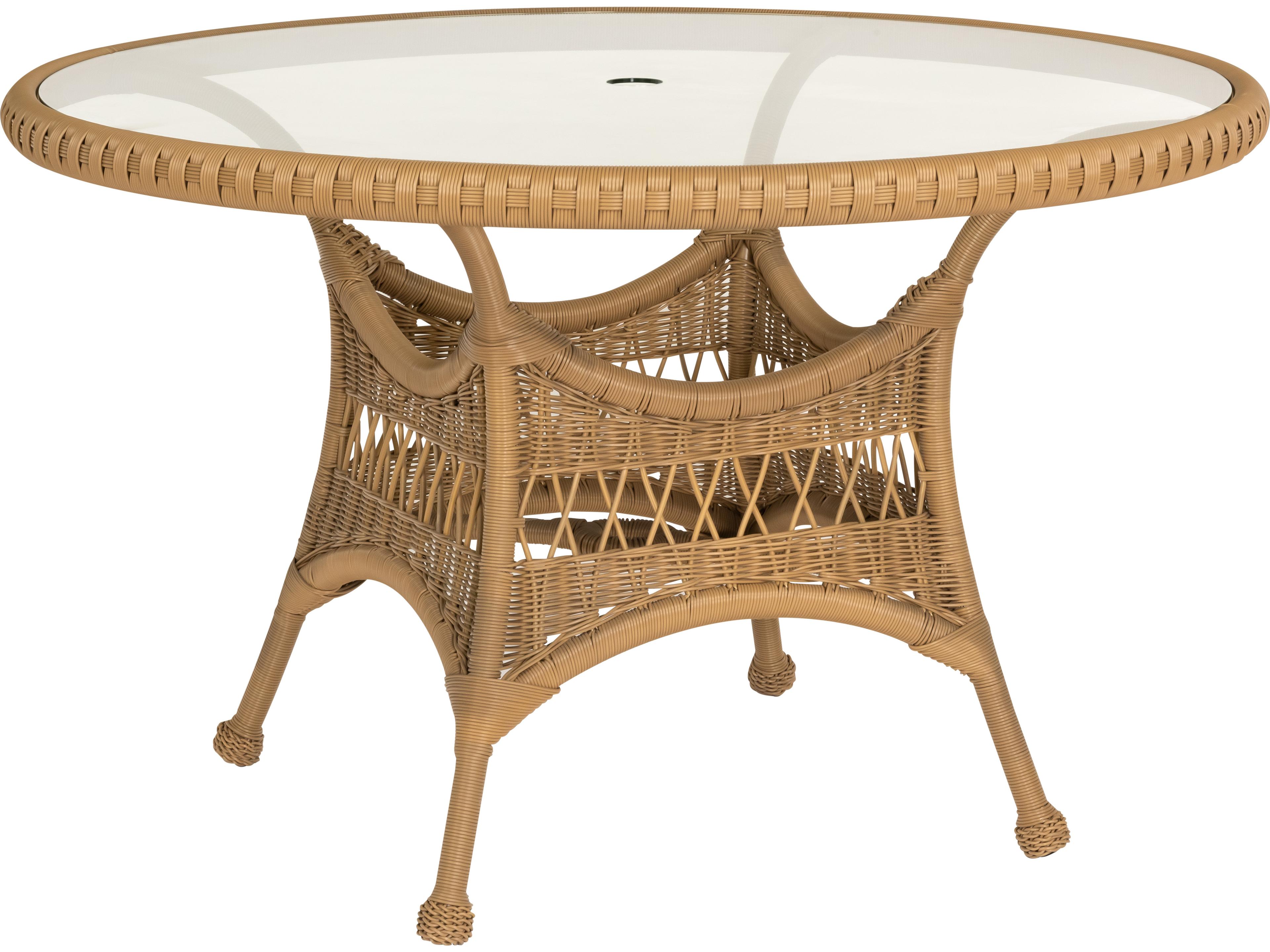 Woodard Whitecraft Sommerwind Wicker Round Glass Top Outdoor Patio Dining Table with Umbrella Hole