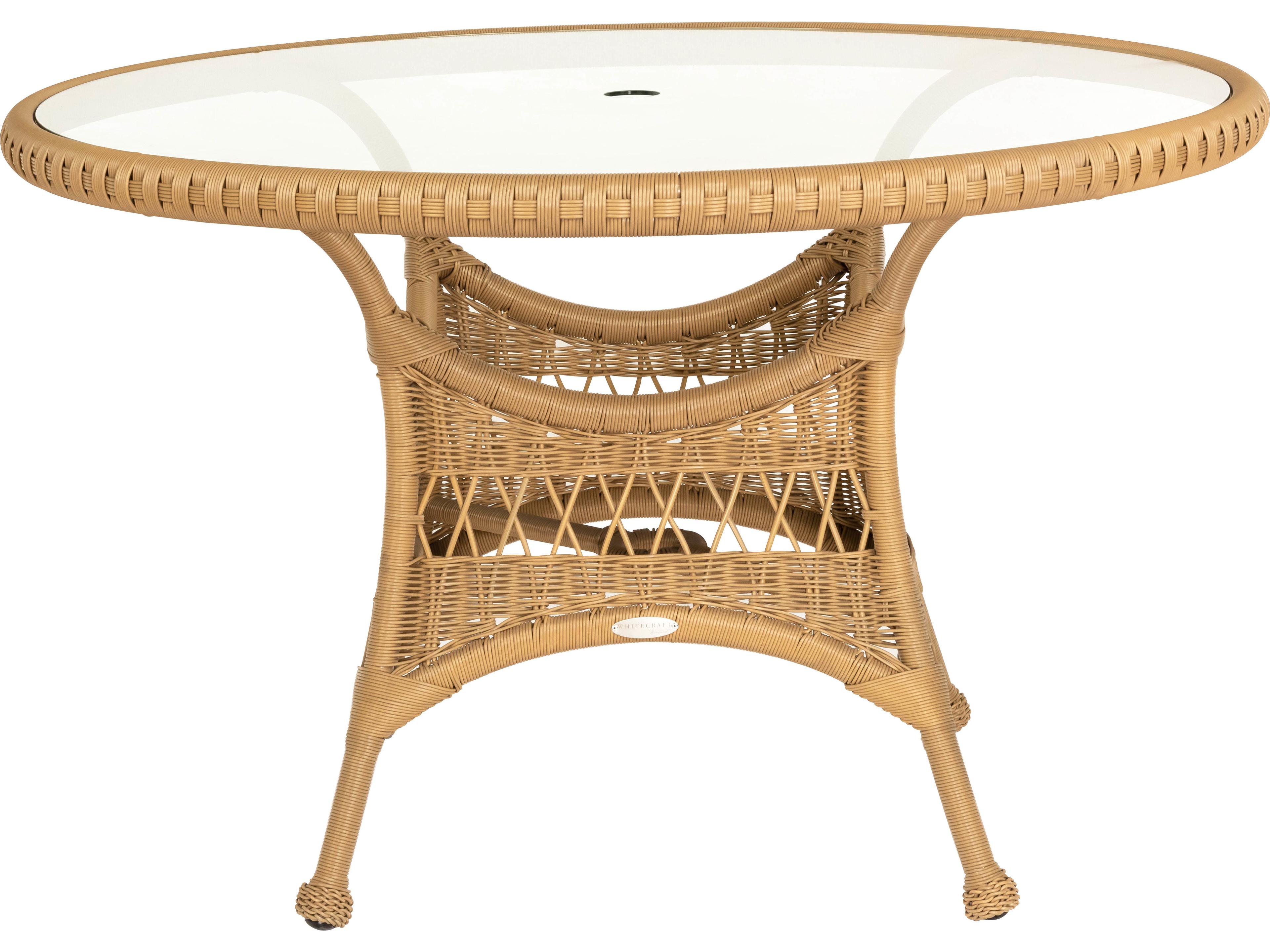 Woodard Whitecraft Sommerwind Wicker Round Glass Top Outdoor Patio Dining Table with Umbrella Hole
