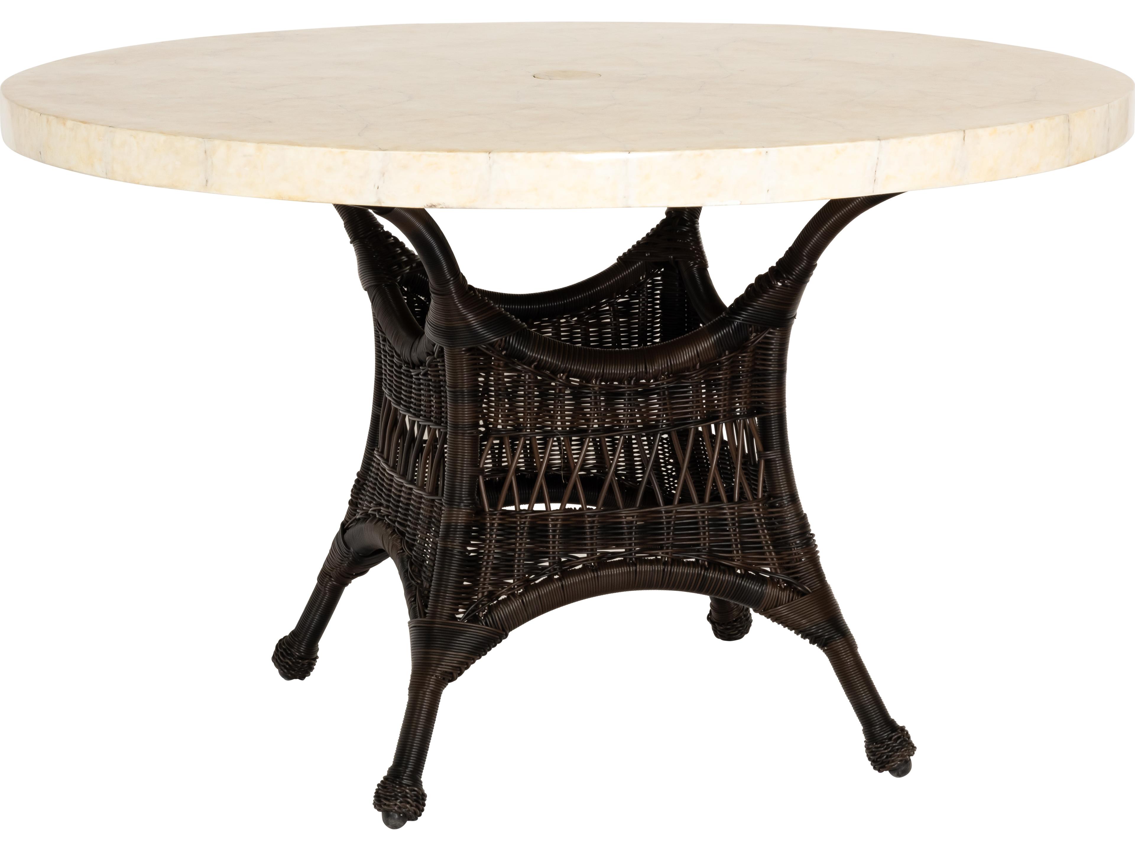Woodard Whitecraft Sommerwind Wicker Round Stone Top Patio Dining Table with Umbrella Hole