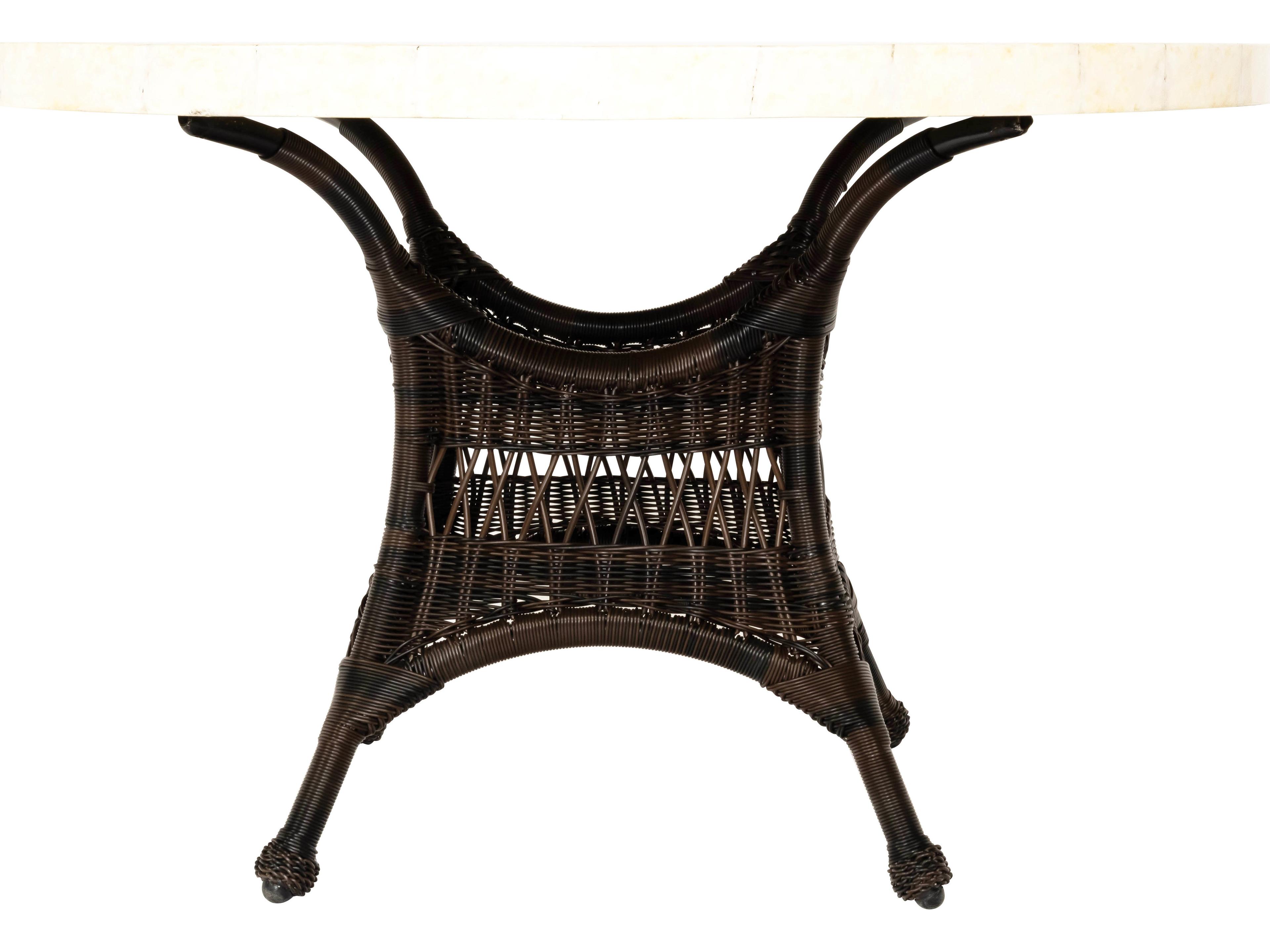 Woodard Whitecraft Sommerwind Wicker Round Stone Top Patio Dining Table with Umbrella Hole