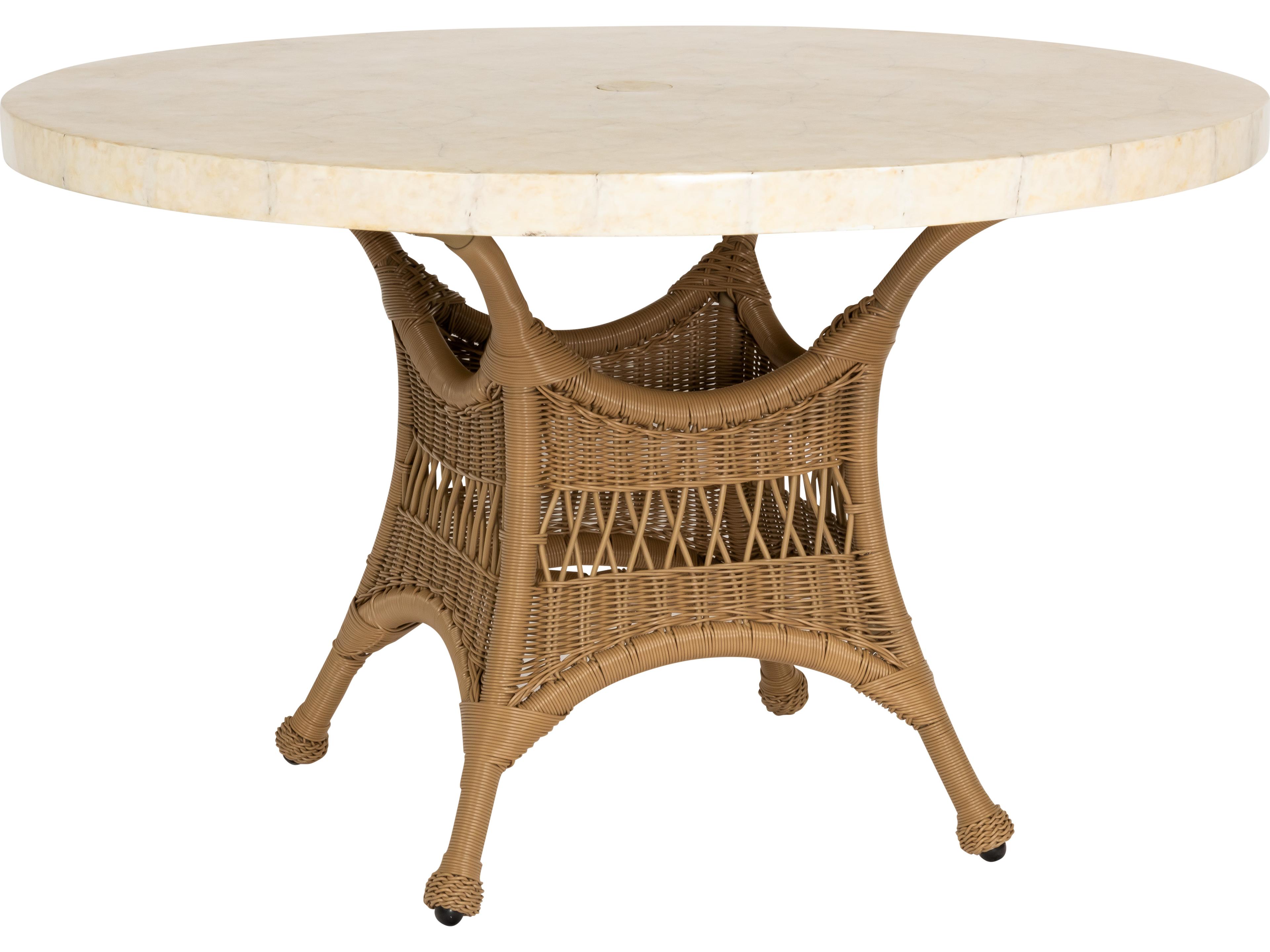 Woodard Whitecraft Sommerwind Wicker Round Stone Top Patio Dining Table with Umbrella Hole