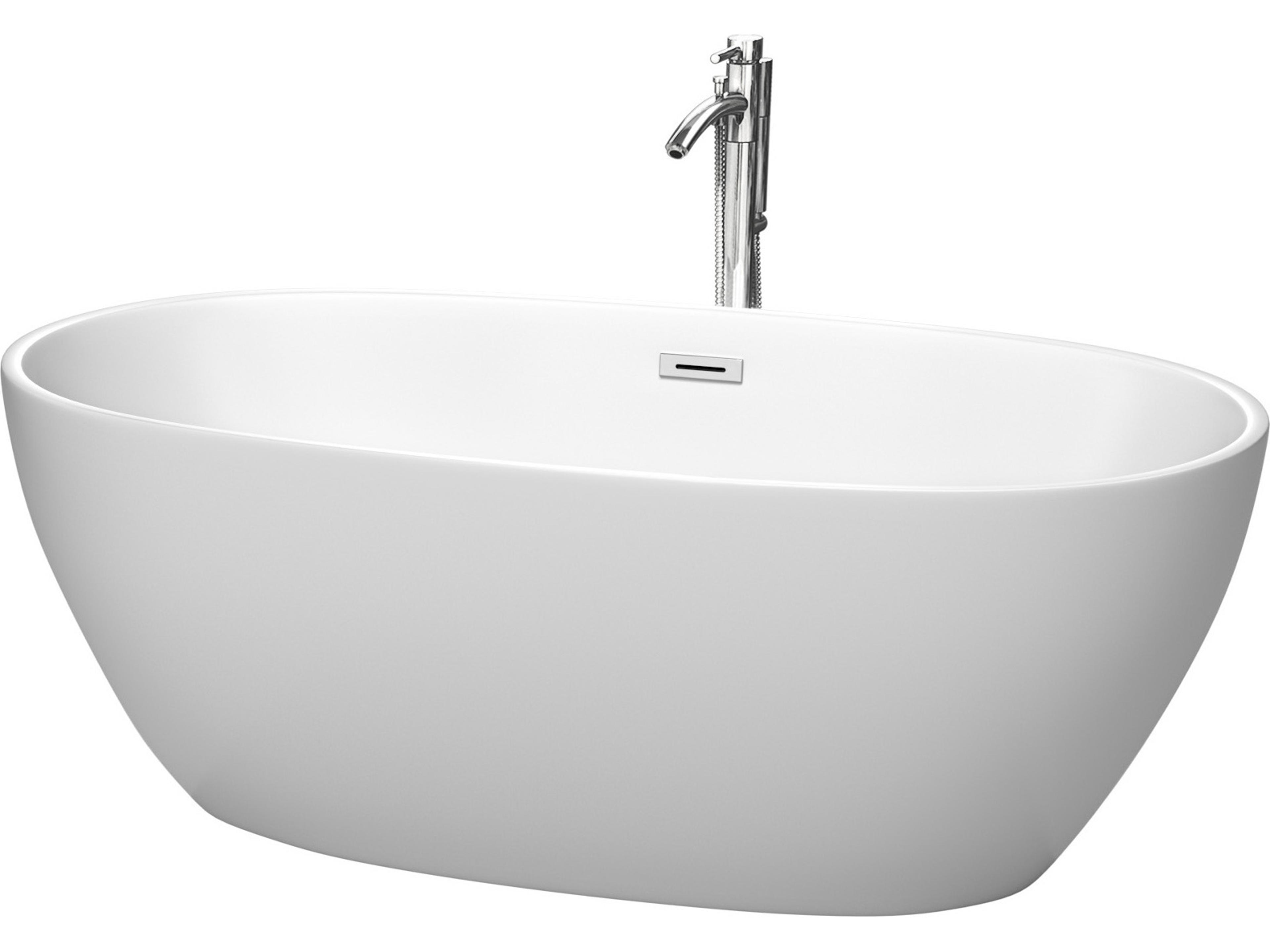 Wyndham Collection Juno Matte White Bathtub with Floor Mounted Faucet, Drain and Overflow Trim