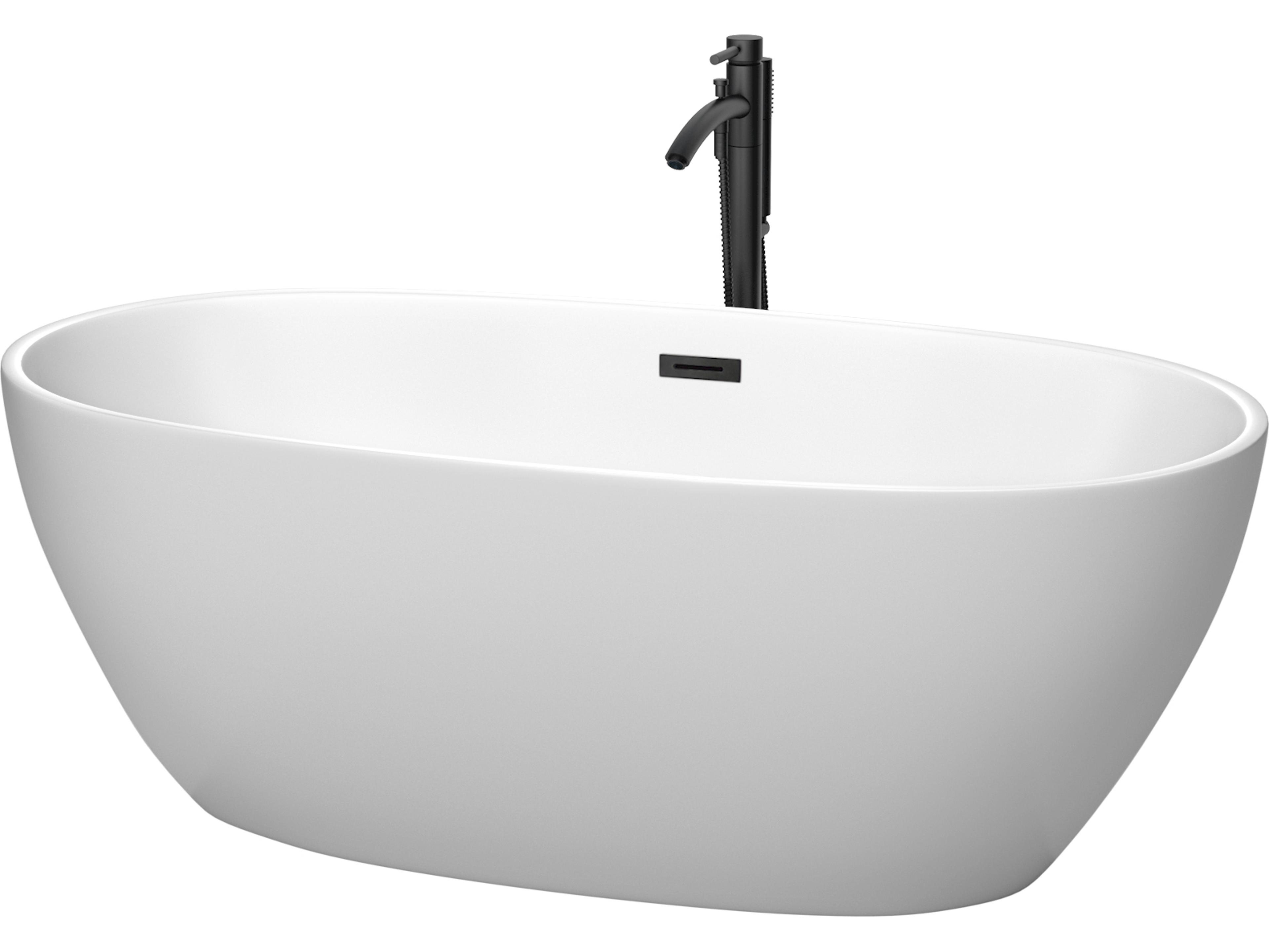 Wyndham Collection Juno Matte White Bathtub with Floor Mounted Faucet, Drain and Overflow Trim
