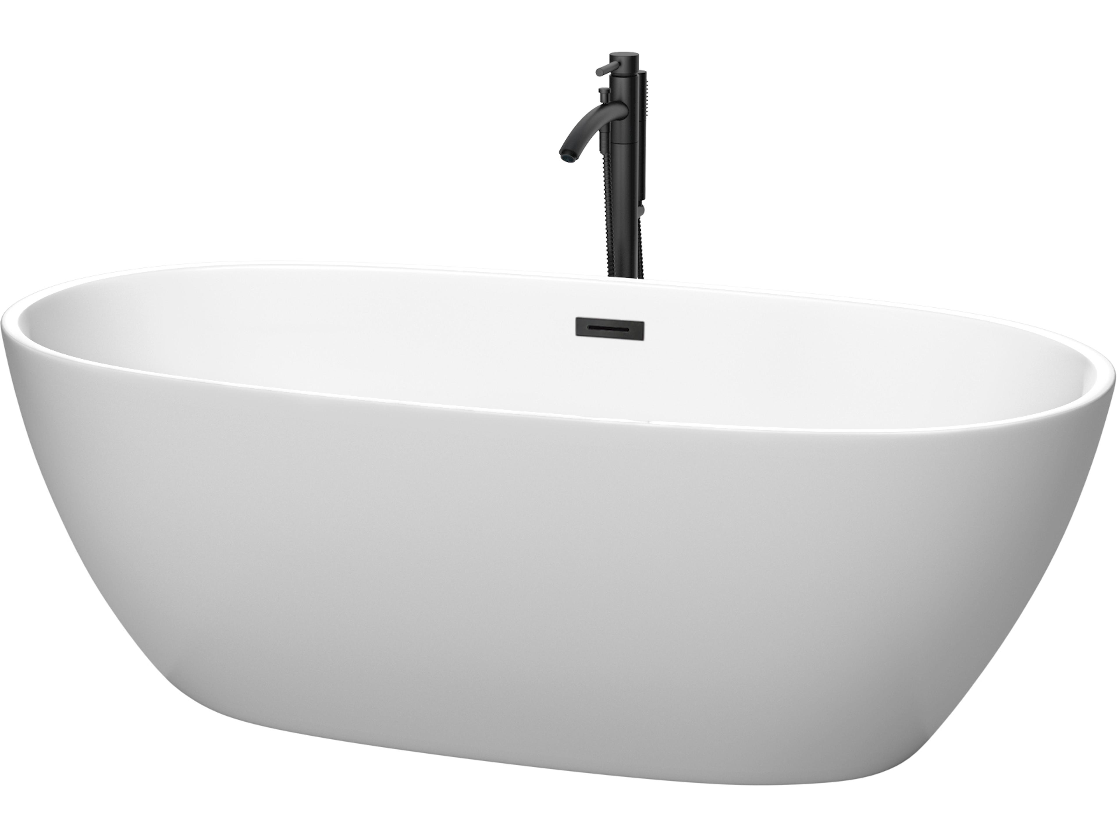 Wyndham Collection Juno Matte White Bathtub with Floor Mounted Faucet, Drain and Overflow Trim