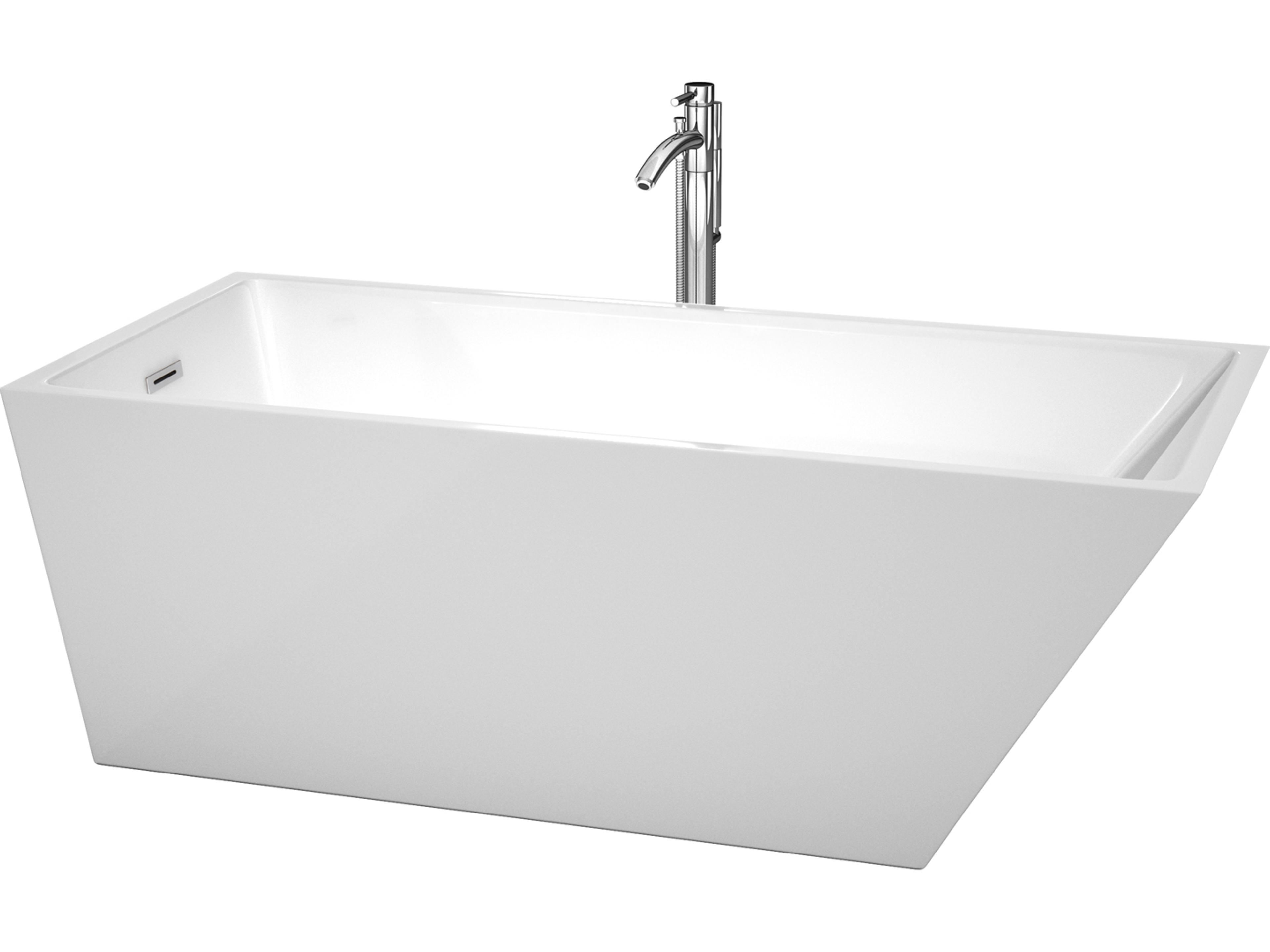 Wyndham Collection Hannah White Bathtub with Floor Mounted Faucet, Drain and Overflow Trim
