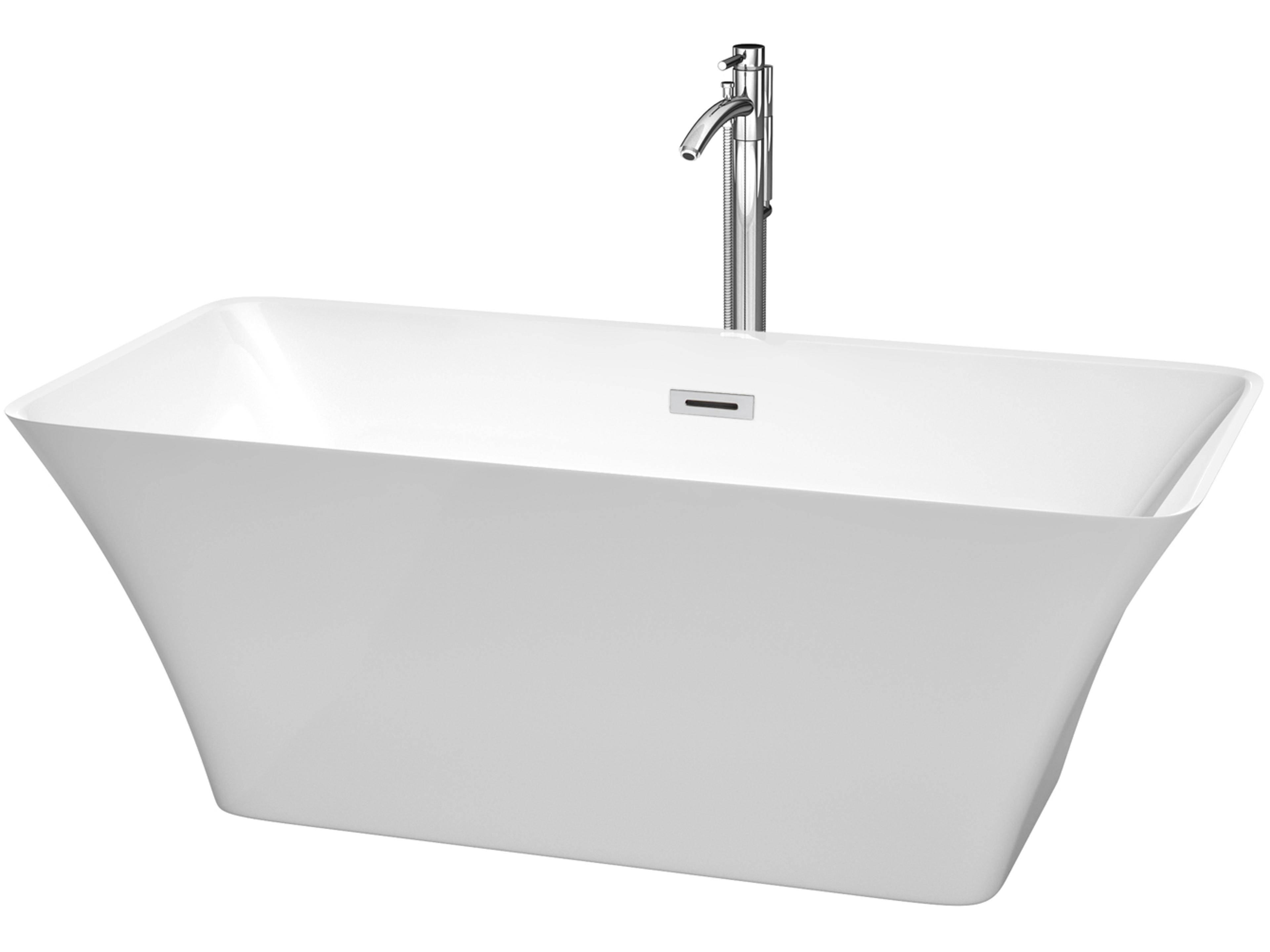 Wyndham Collection Tiffany White Bathtub with Floor Mounted Faucet, Drain and Overflow Trim