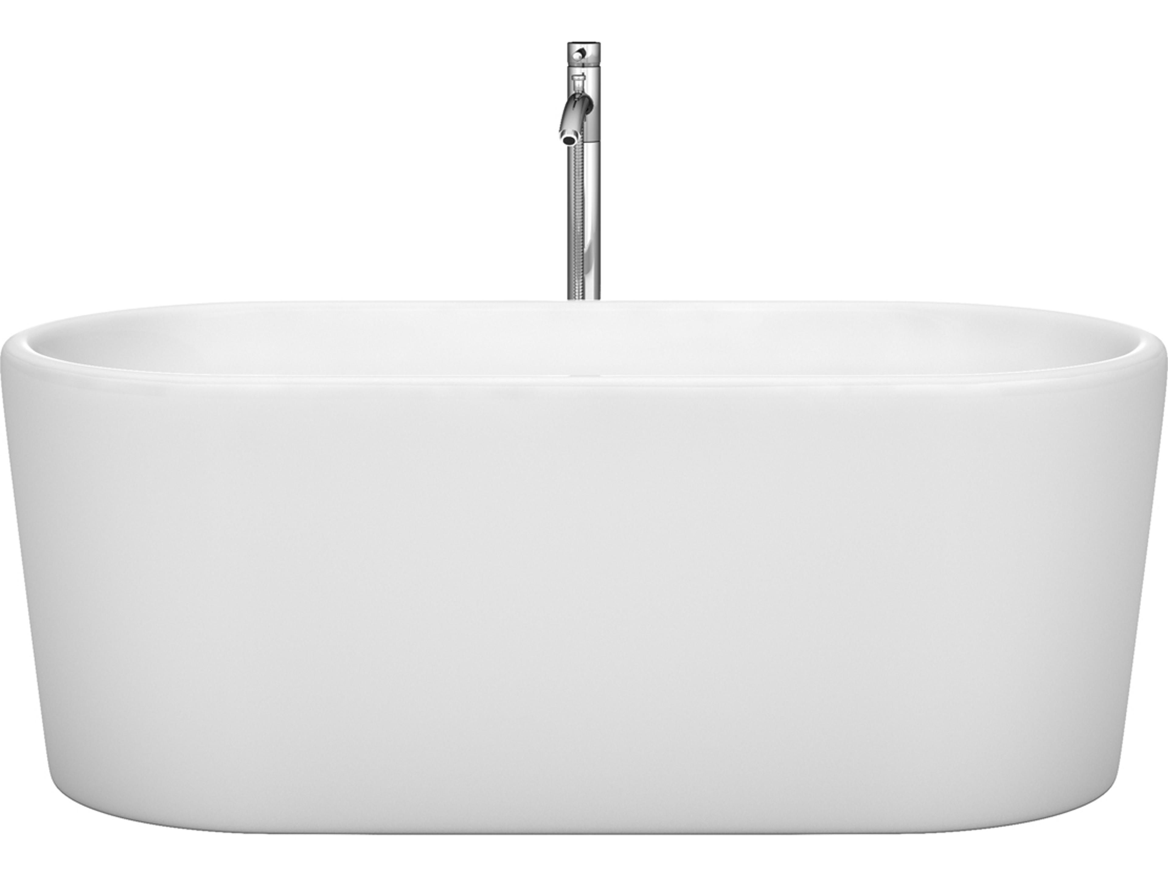 Wyndham Collection Ursula White Bathtub with Floor Mounted Faucet, Drain and Overflow Trim