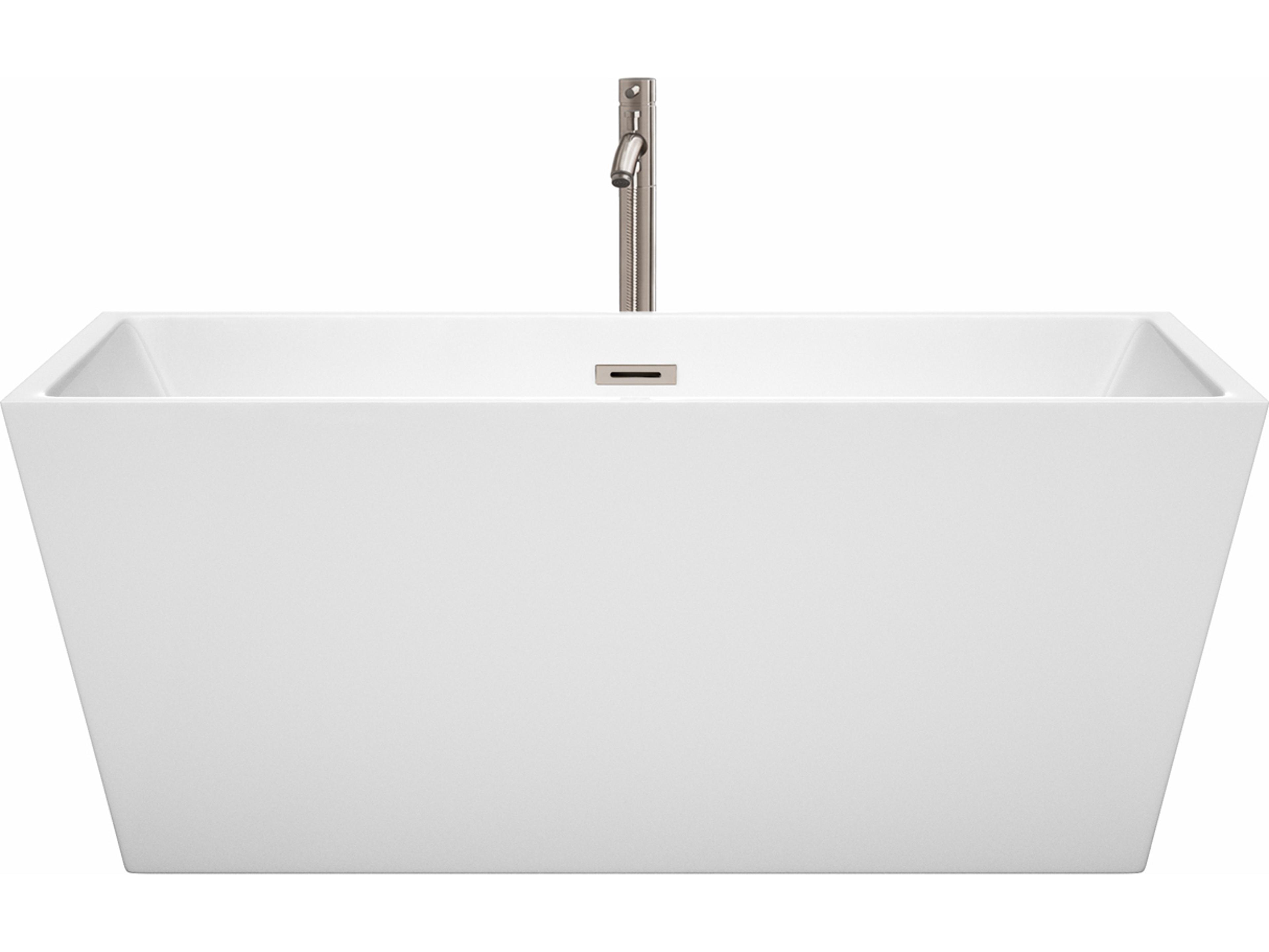 Wyndham Collection Sara White Bathtub with Floor Mounted Faucet, Drain and Overflow Trim