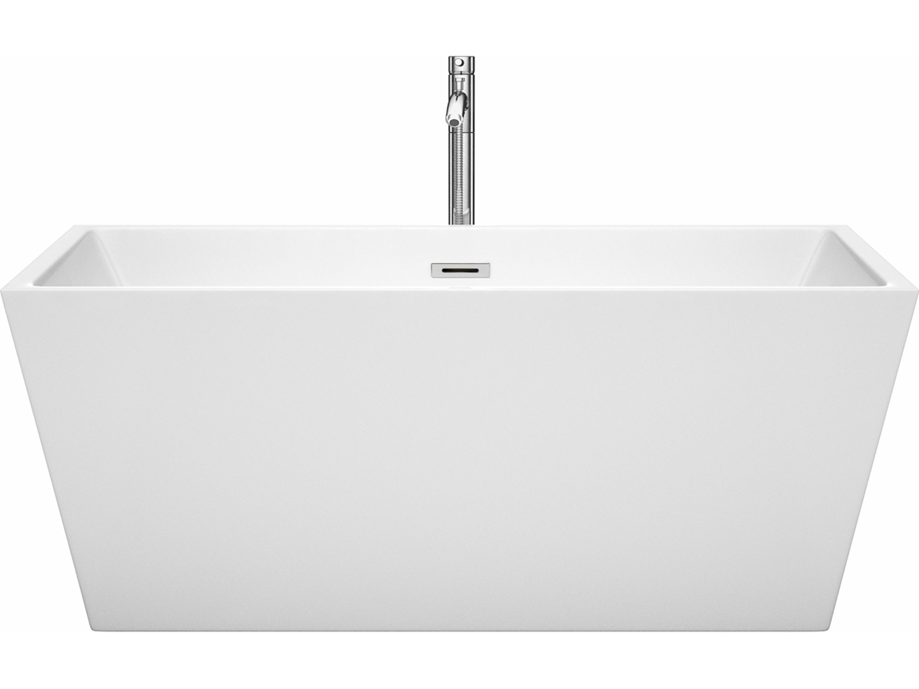 Wyndham Collection Sara White Bathtub with Floor Mounted Faucet, Drain and Overflow Trim