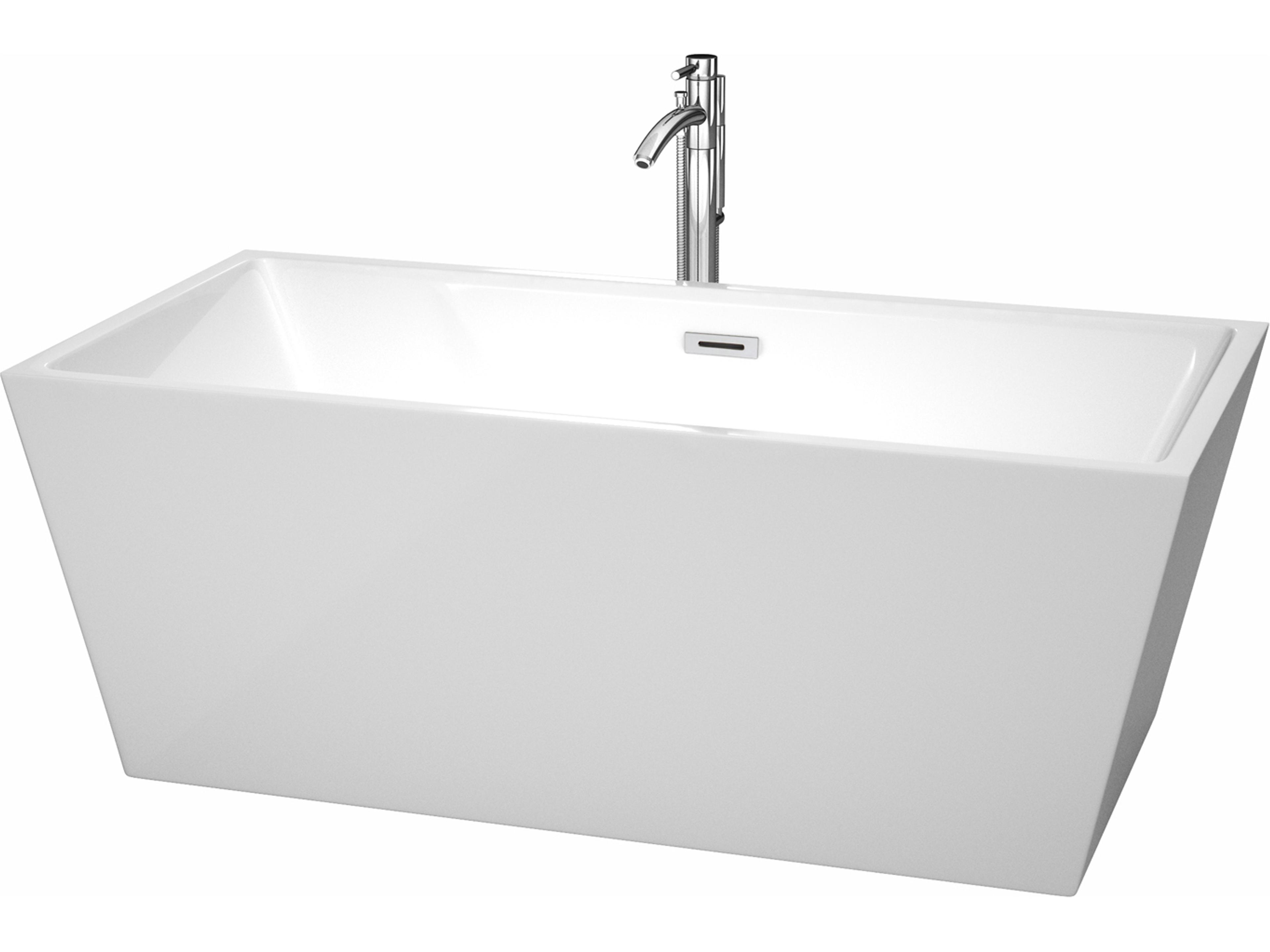 Wyndham Collection Sara White Bathtub with Floor Mounted Faucet, Drain and Overflow Trim