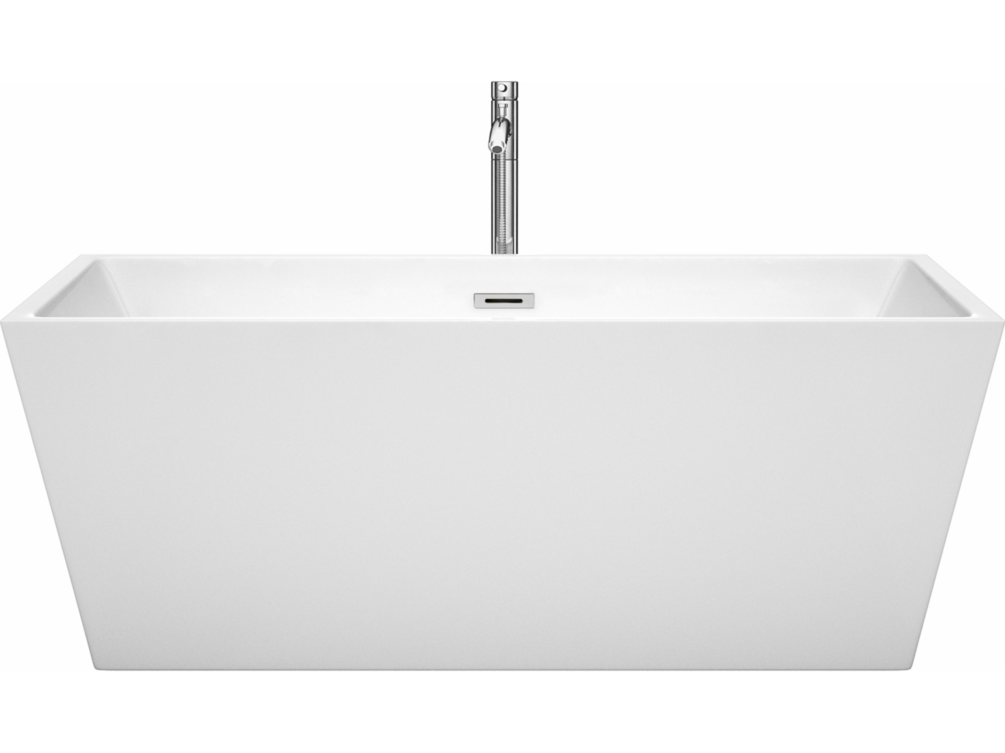 Wyndham Collection Sara White Bathtub with Floor Mounted Faucet, Drain and Overflow Trim