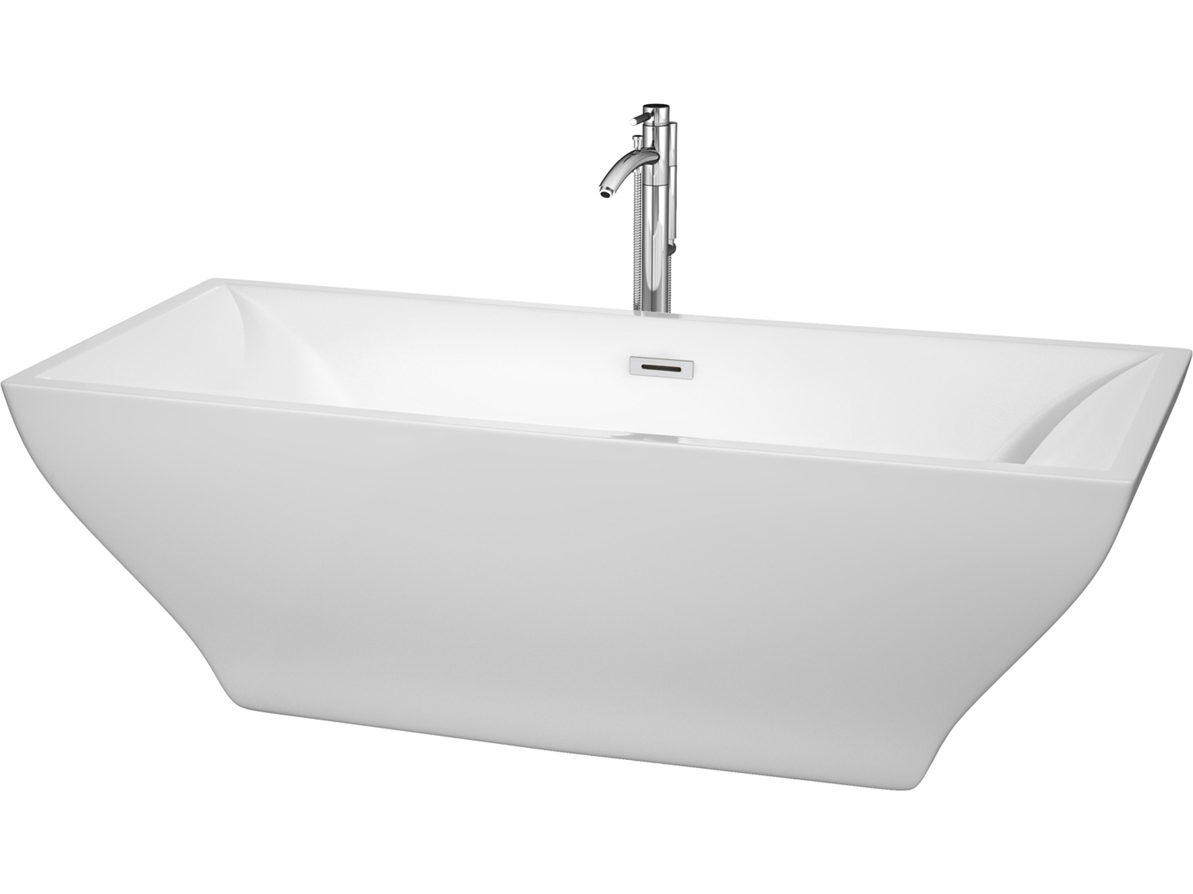 Wyndham Collection Maryam White Bathtub with Floor Mounted Faucet, Drain and Overflow Trim