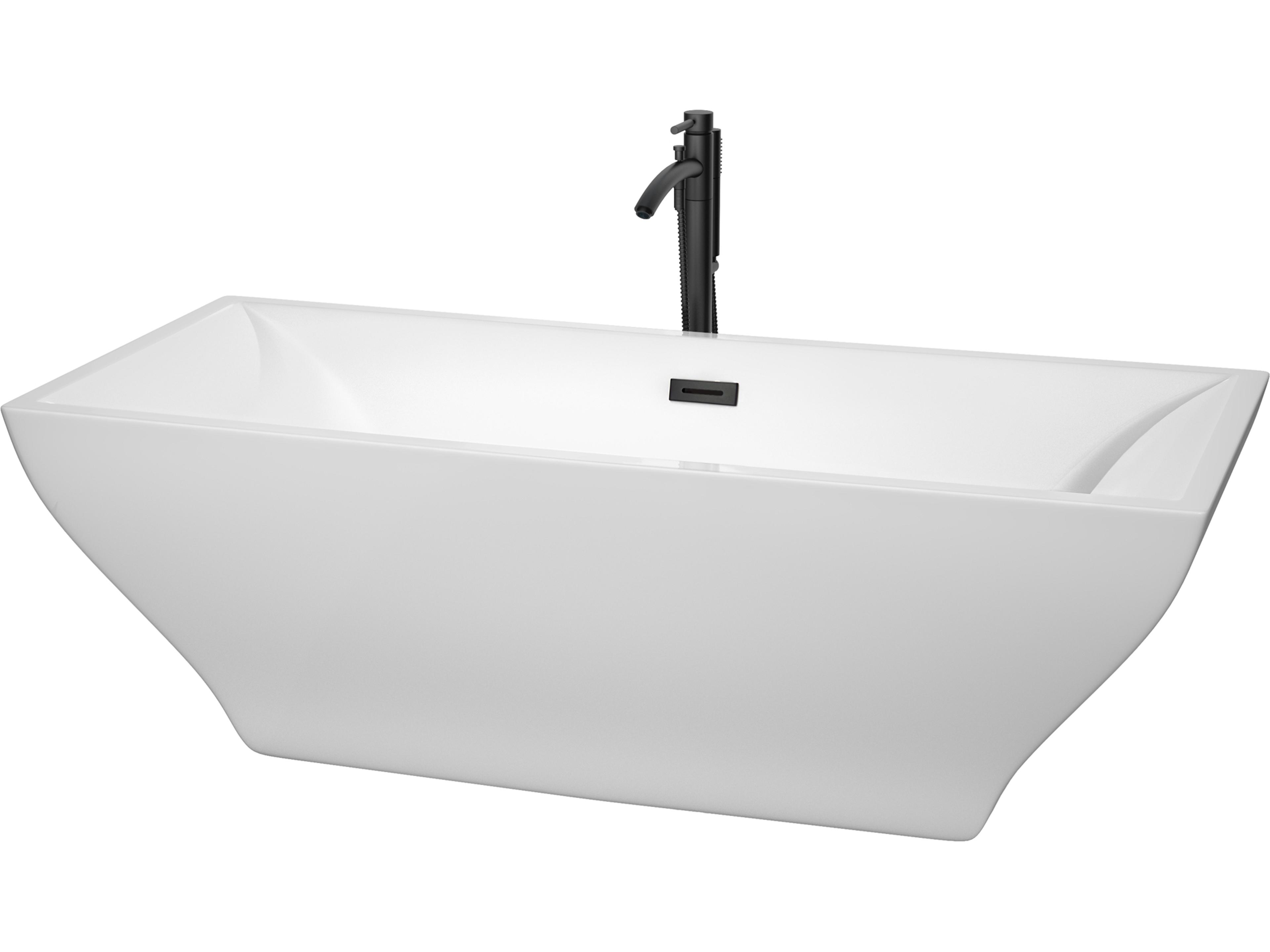 Wyndham Collection Maryam White Bathtub with Floor Mounted Faucet, Drain and Overflow Trim