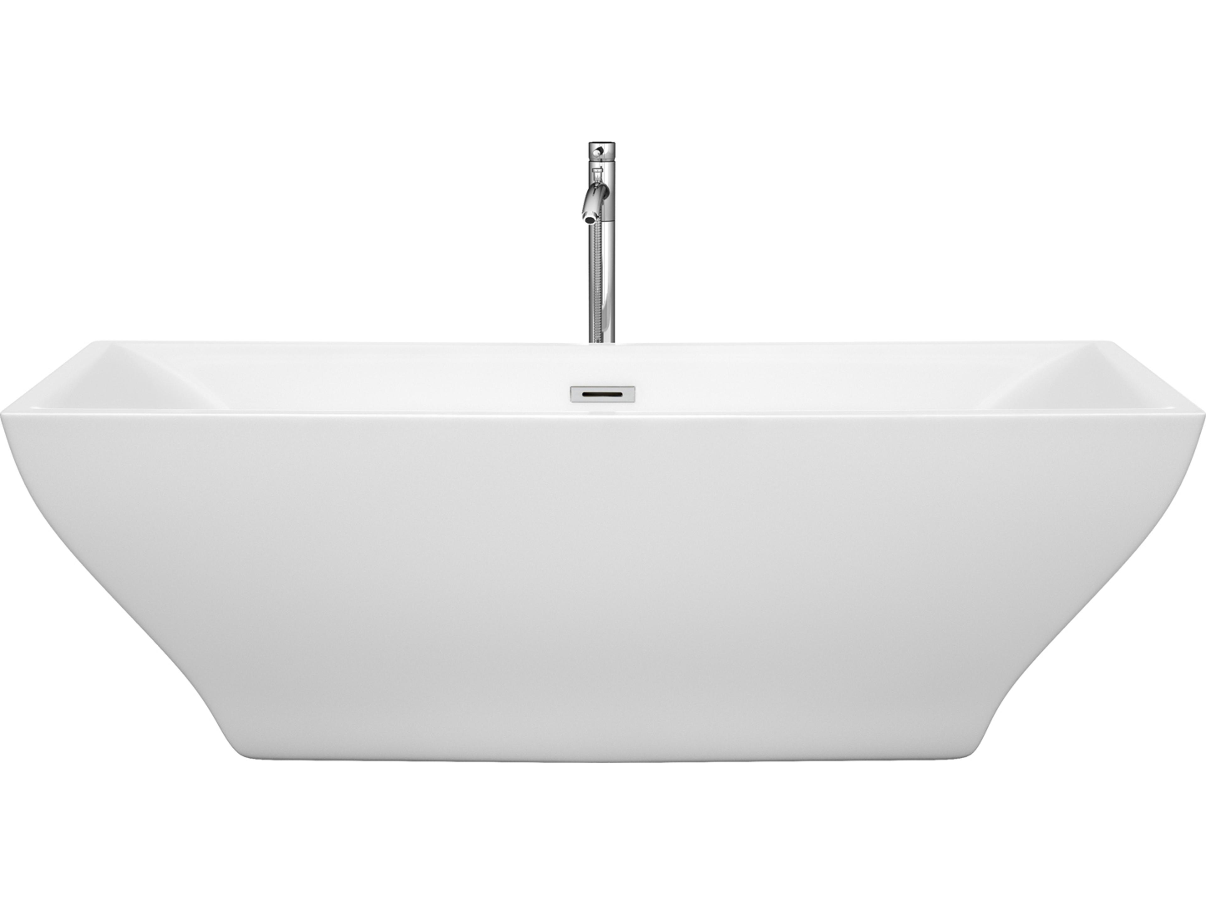 Wyndham Collection Maryam White Bathtub with Floor Mounted Faucet, Drain and Overflow Trim