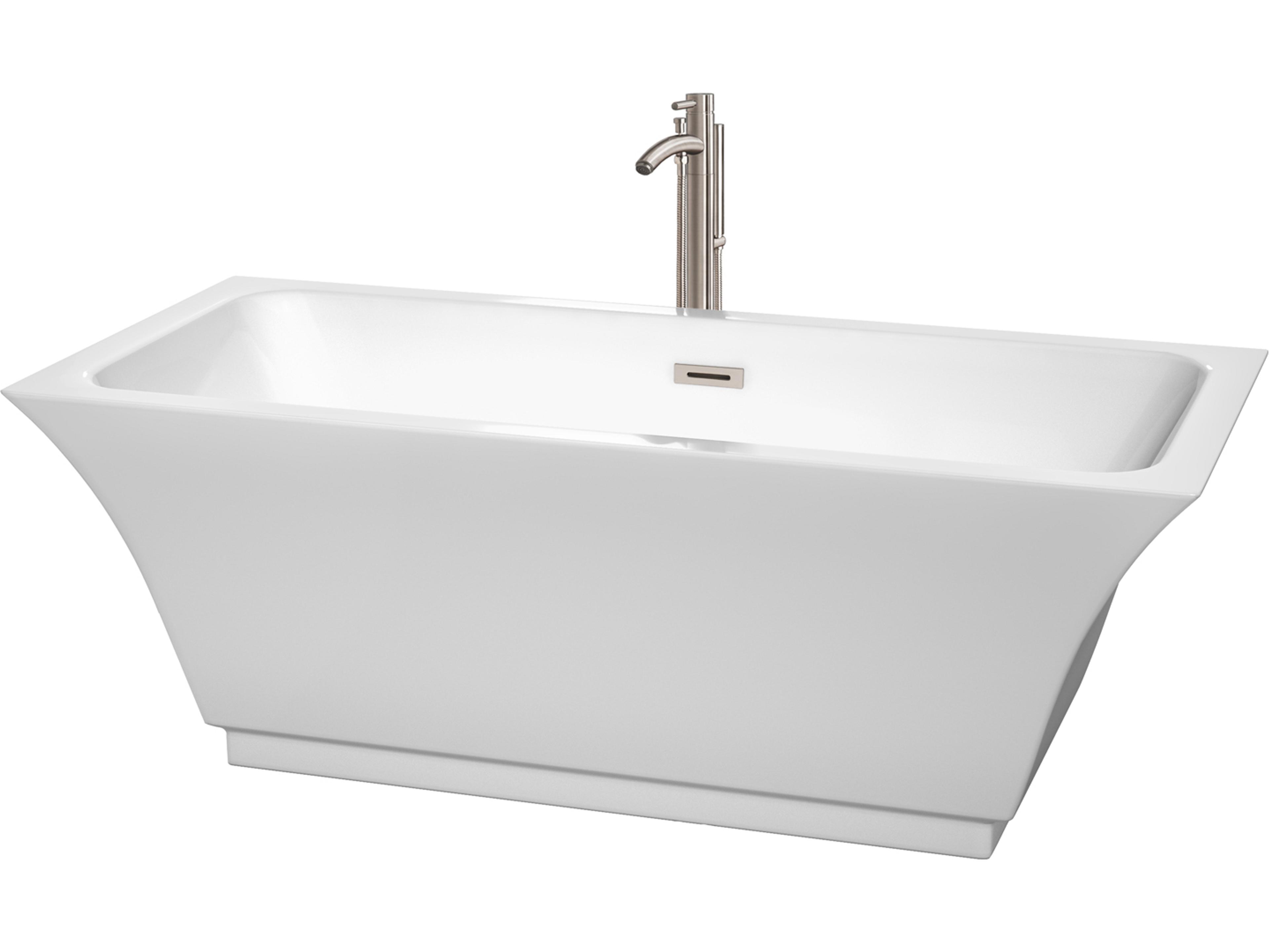 Wyndham Collection Galina White Bathtub with Floor Mounted Faucet, Drain and Overflow Trim