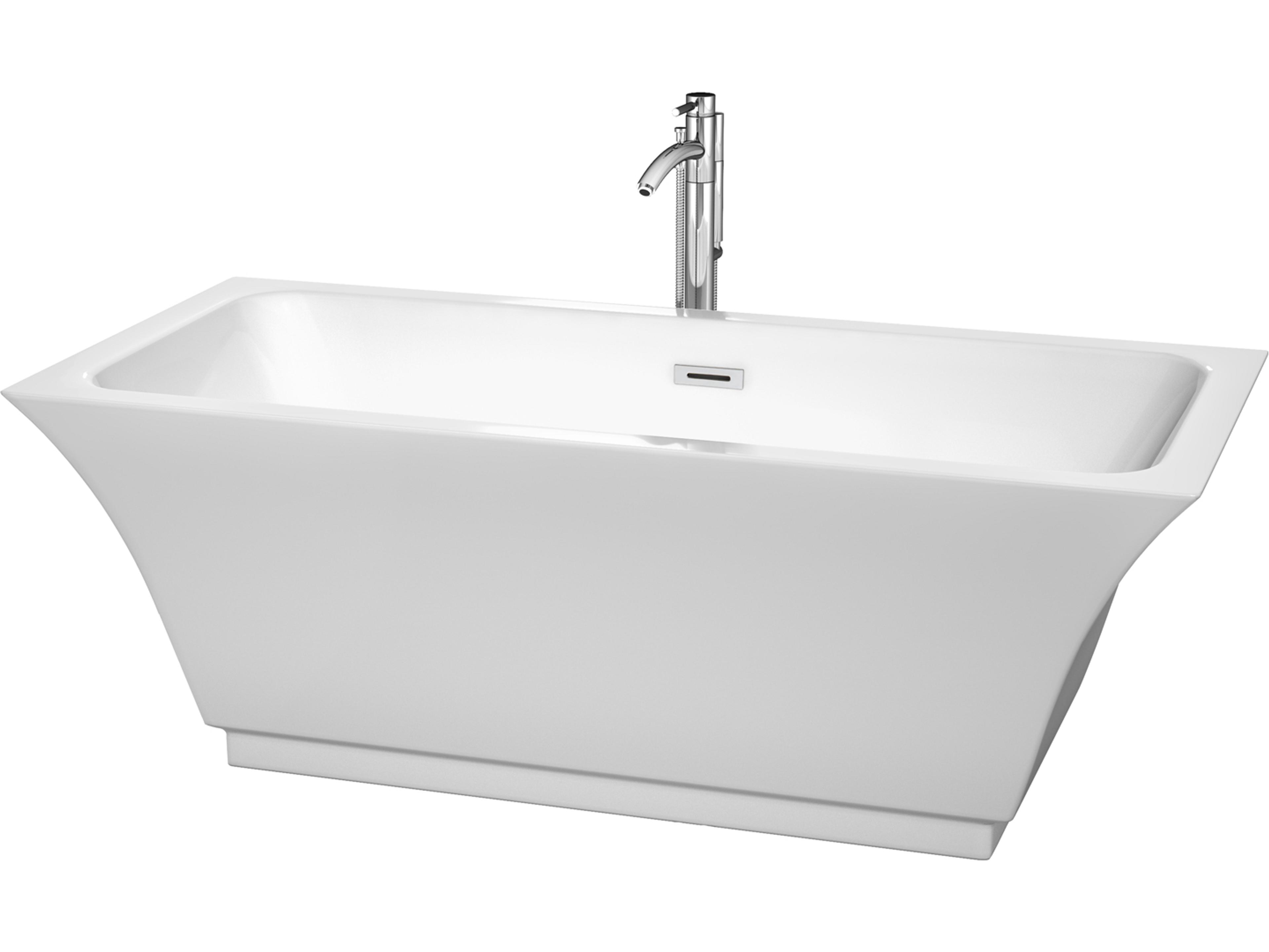 Wyndham Collection Galina White Bathtub with Floor Mounted Faucet, Drain and Overflow Trim