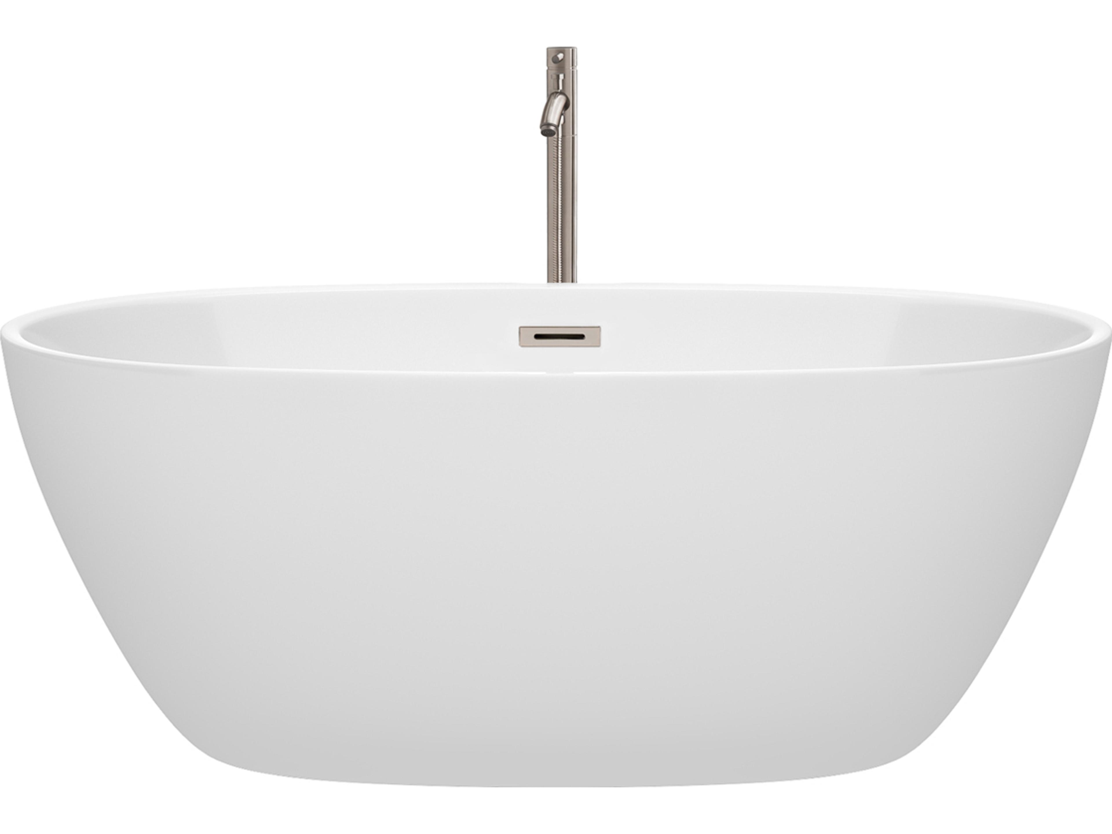 Wyndham Collection Juno White Bathtub with Floor Mounted Faucet, Drain and Overflow Trim