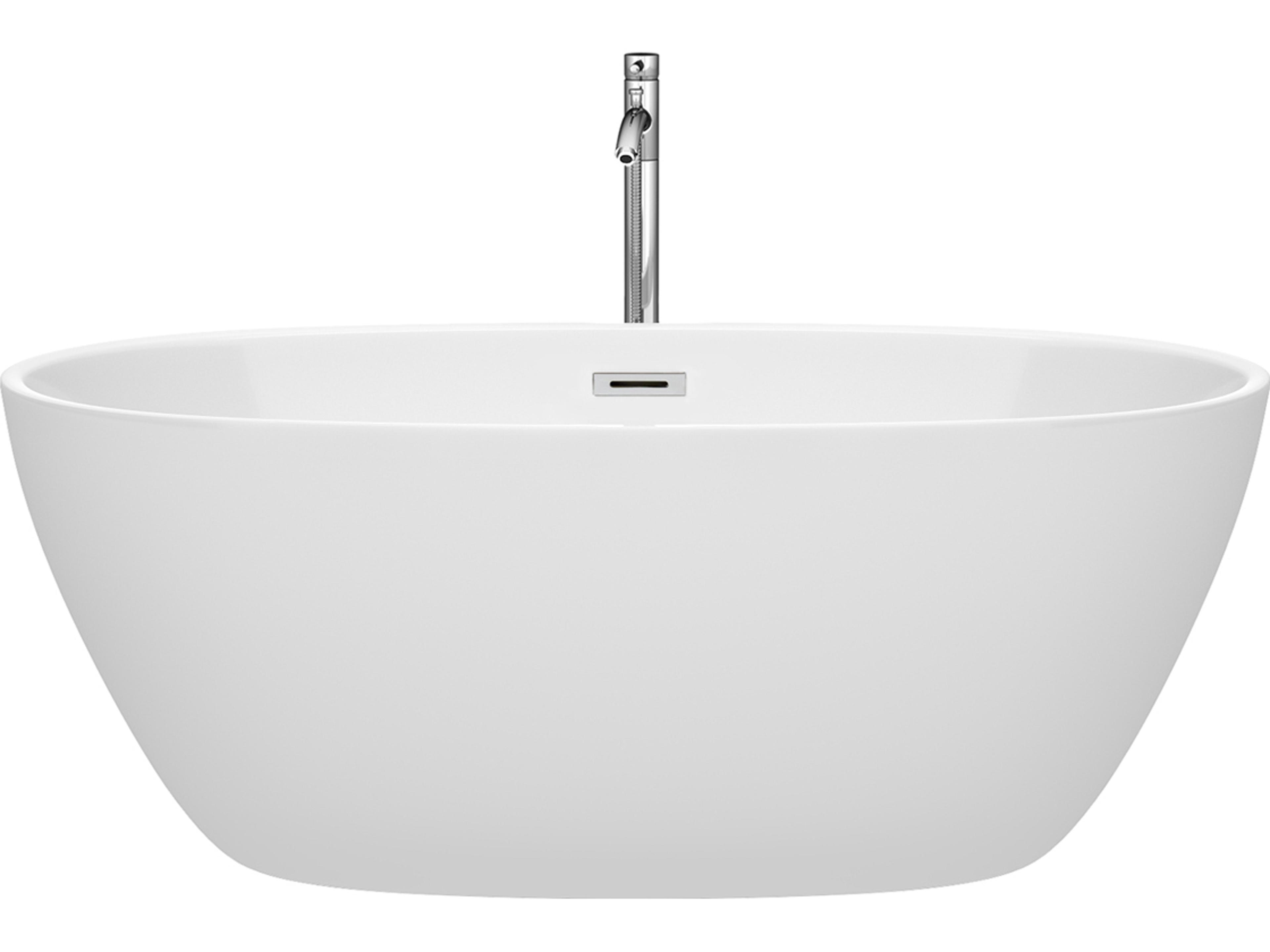 Wyndham Collection Juno White Bathtub with Floor Mounted Faucet, Drain and Overflow Trim