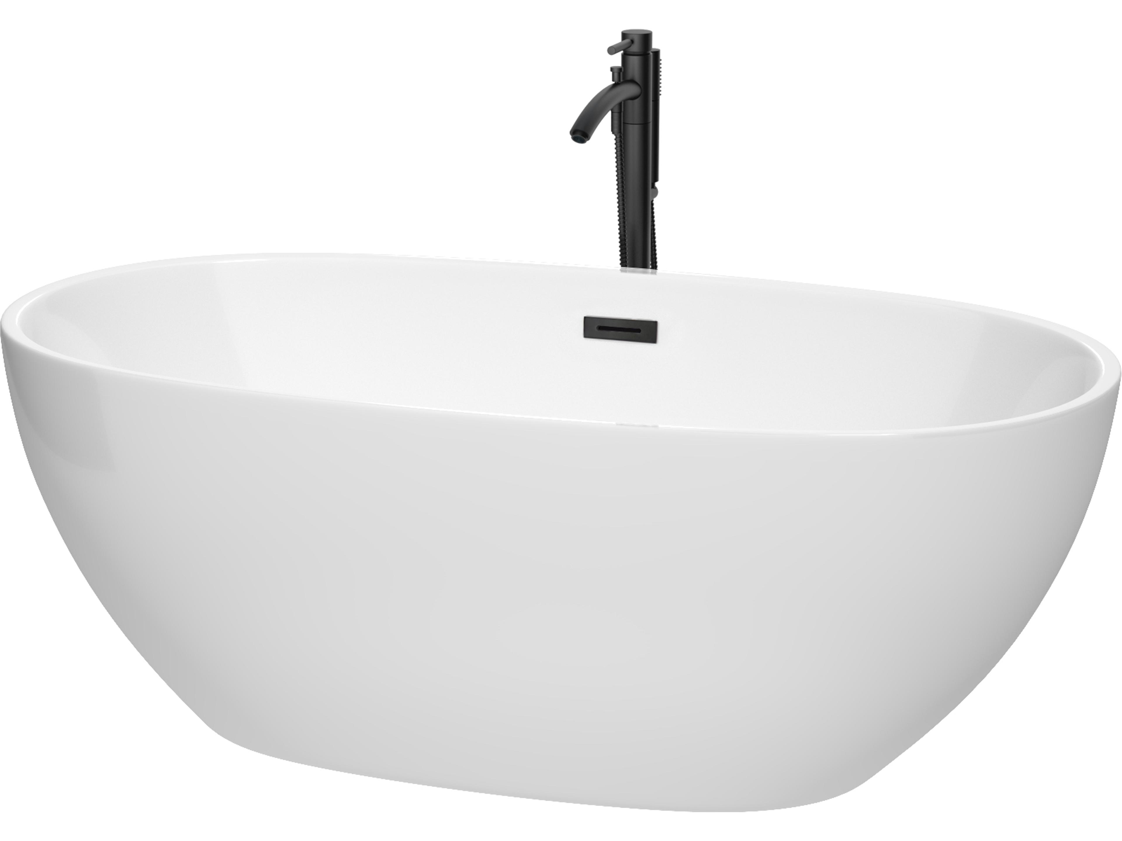 Wyndham Collection Juno White Bathtub with Floor Mounted Faucet, Drain and Overflow Trim