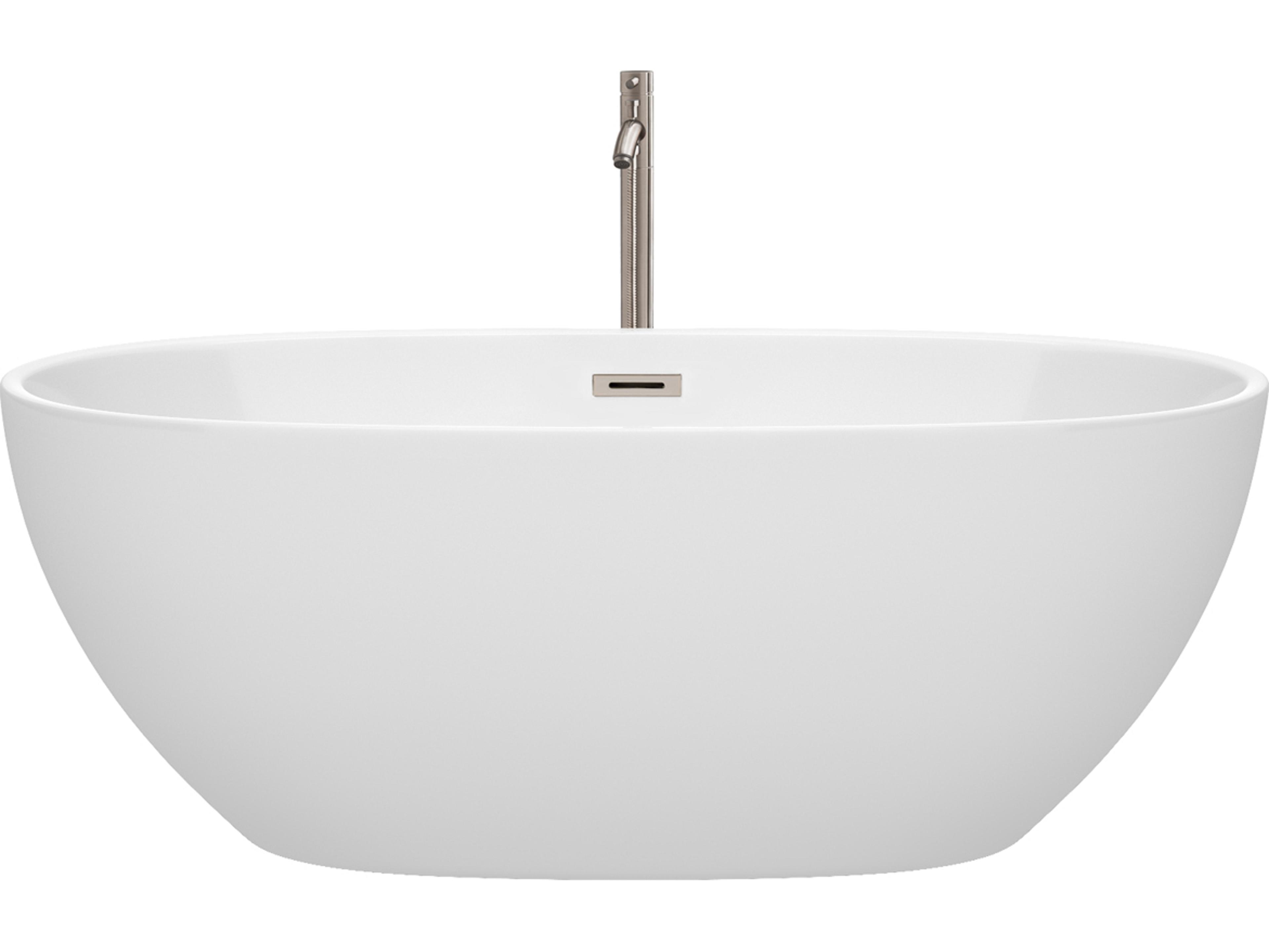 Wyndham Collection Juno White Bathtub with Floor Mounted Faucet, Drain and Overflow Trim