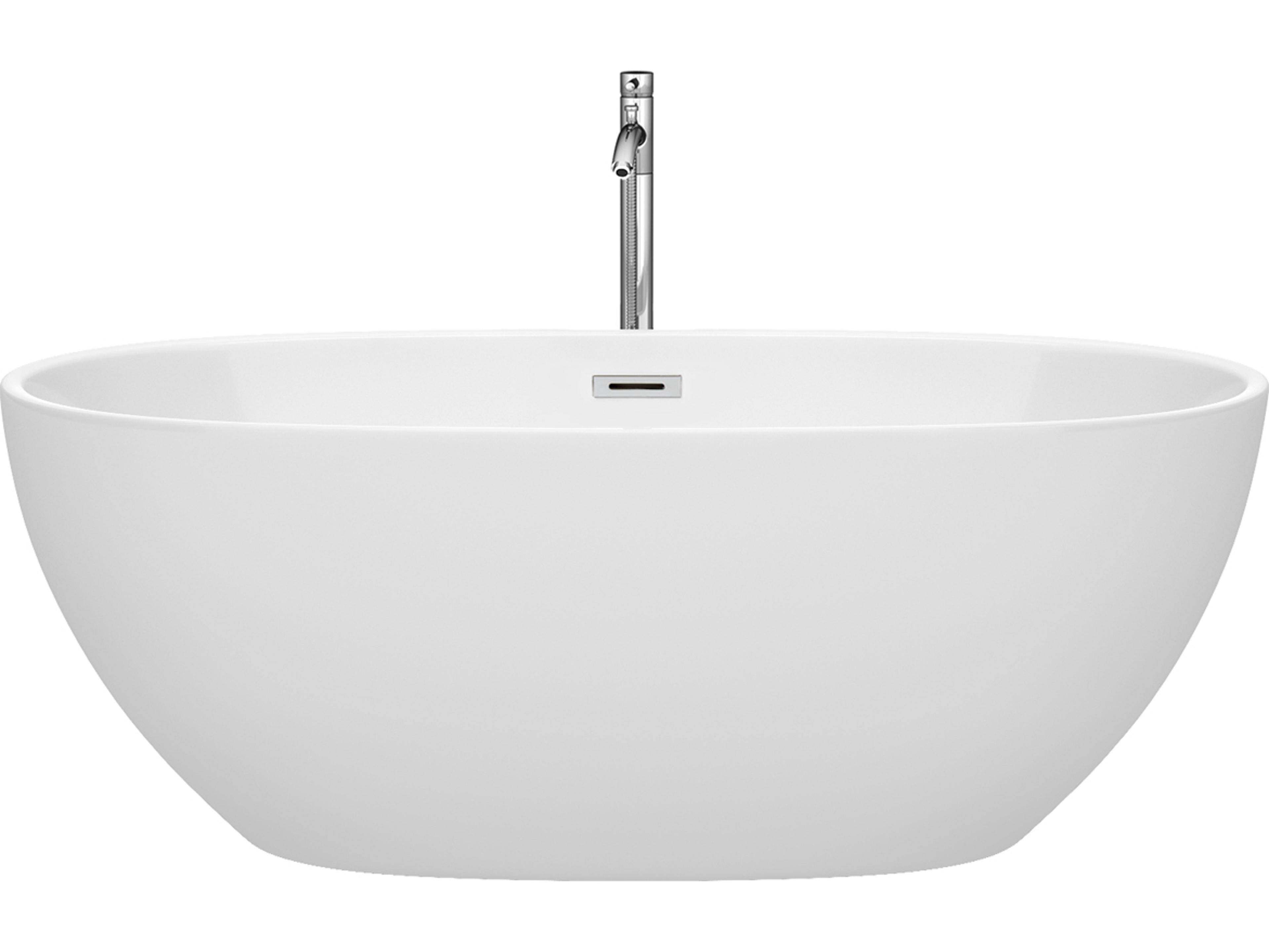Wyndham Collection Juno White Bathtub with Floor Mounted Faucet, Drain and Overflow Trim
