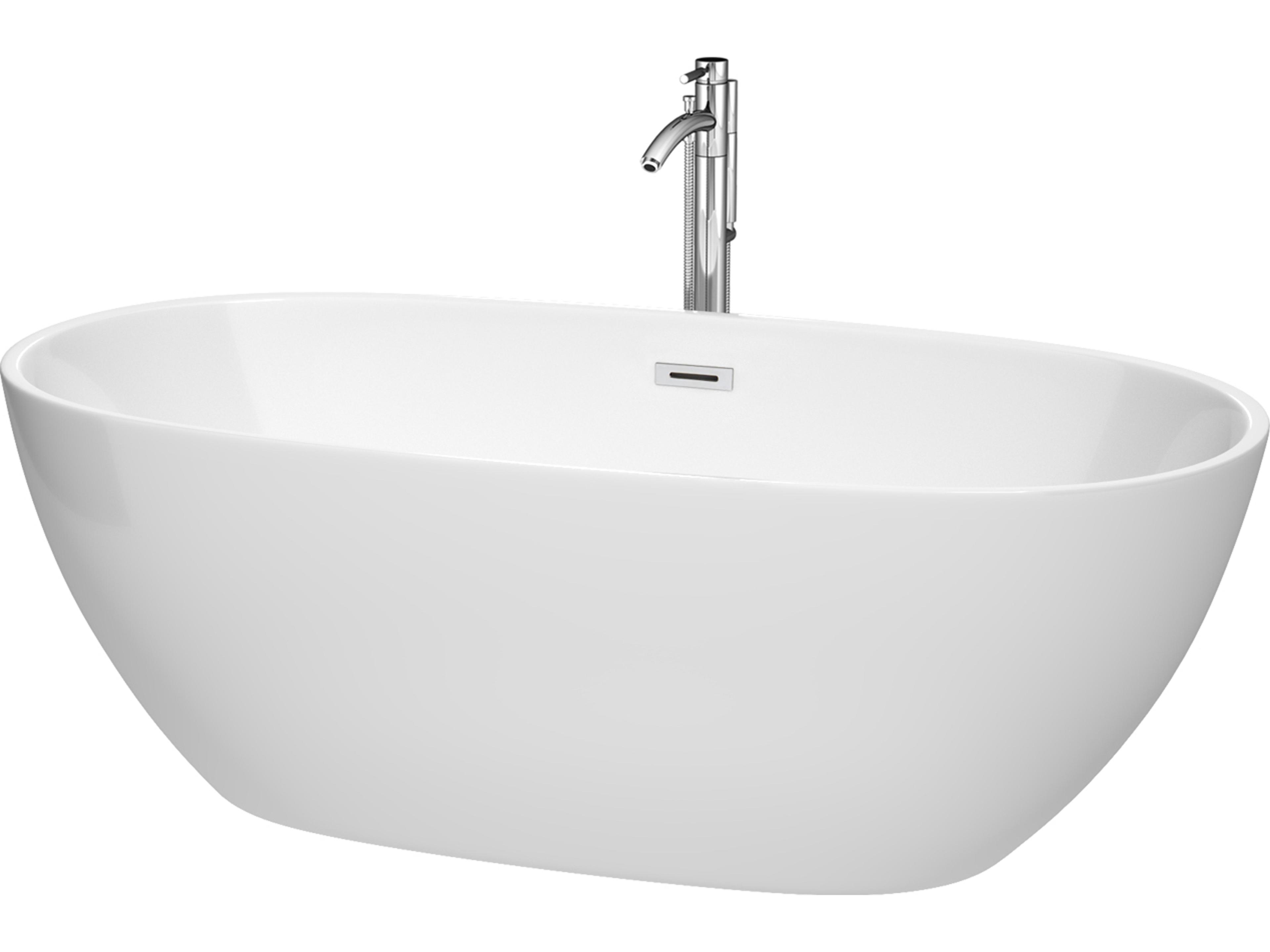Wyndham Collection Juno White Bathtub with Floor Mounted Faucet, Drain and Overflow Trim