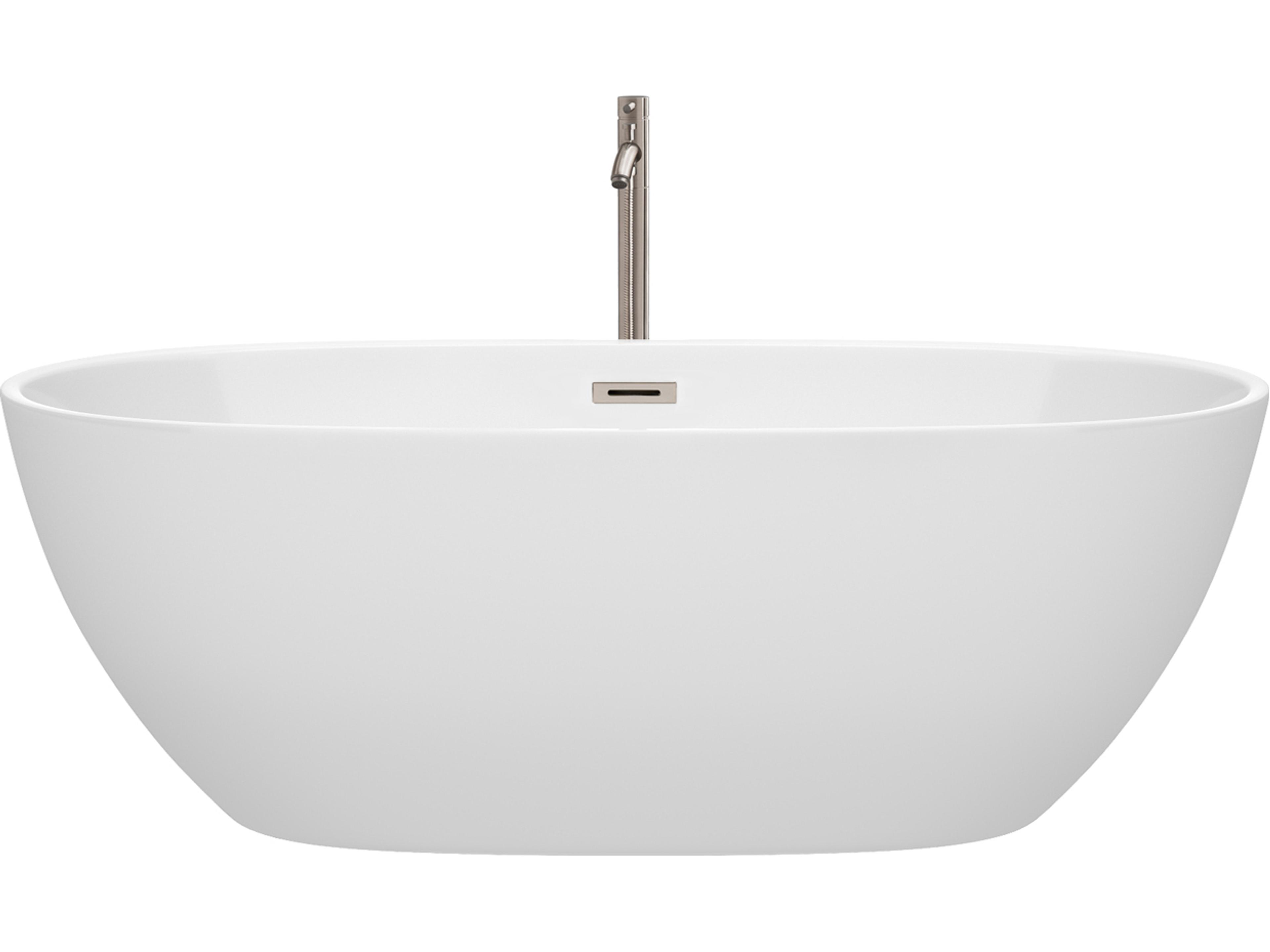 Wyndham Collection Juno White Bathtub with Floor Mounted Faucet, Drain and Overflow Trim