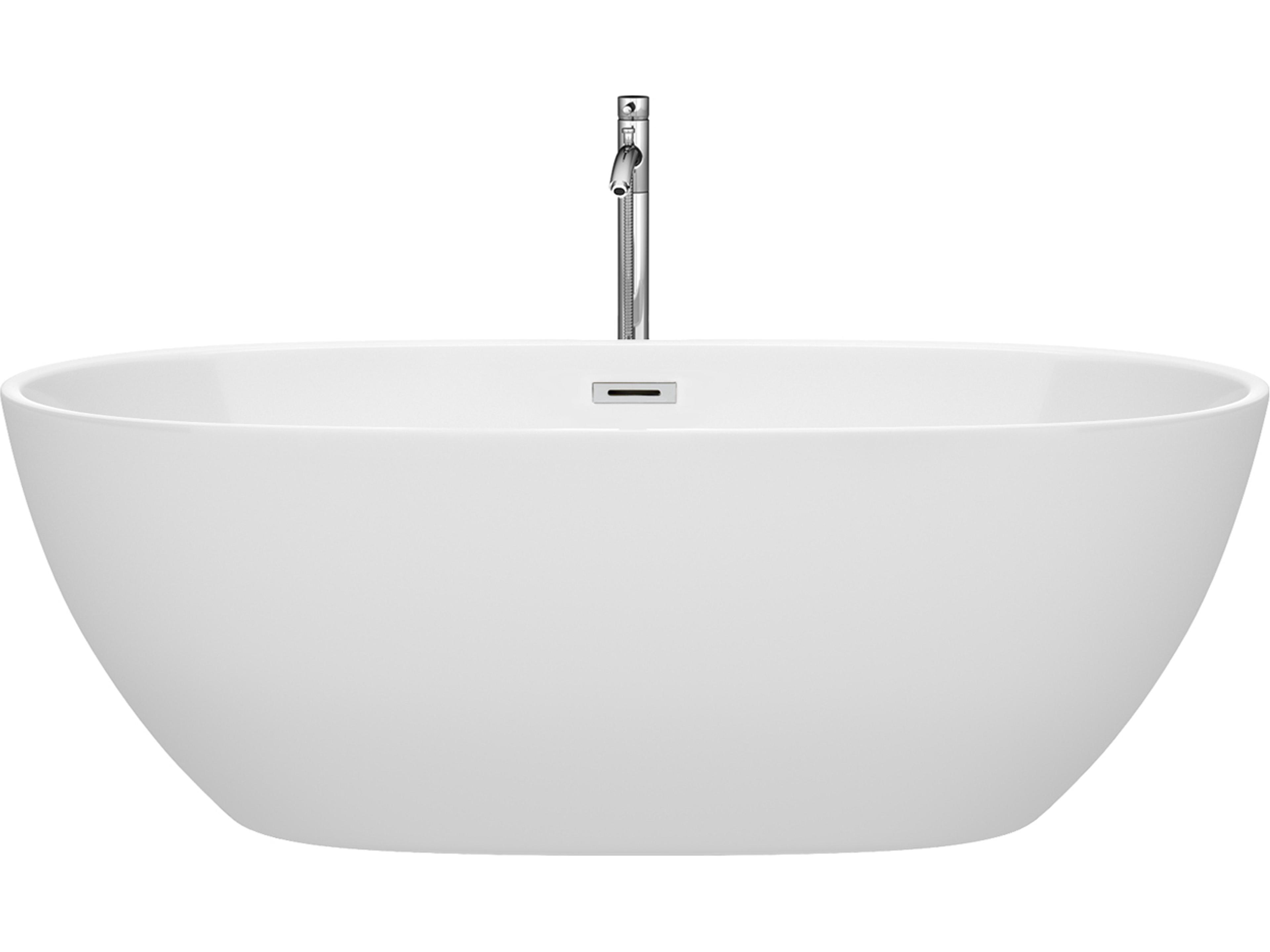 Wyndham Collection Juno White Bathtub with Floor Mounted Faucet, Drain and Overflow Trim