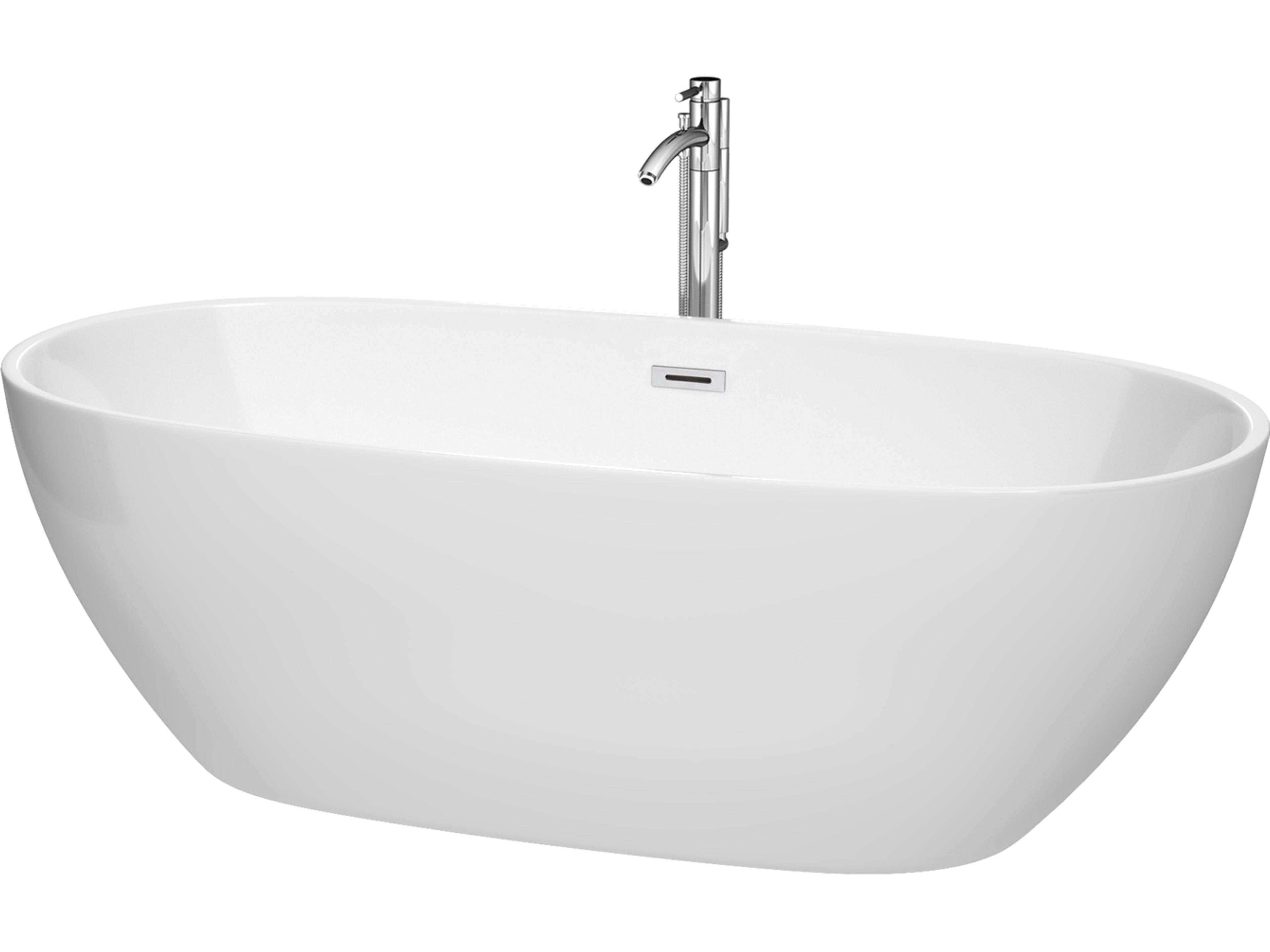 Wyndham Collection Juno White Bathtub with Floor Mounted Faucet, Drain and Overflow Trim