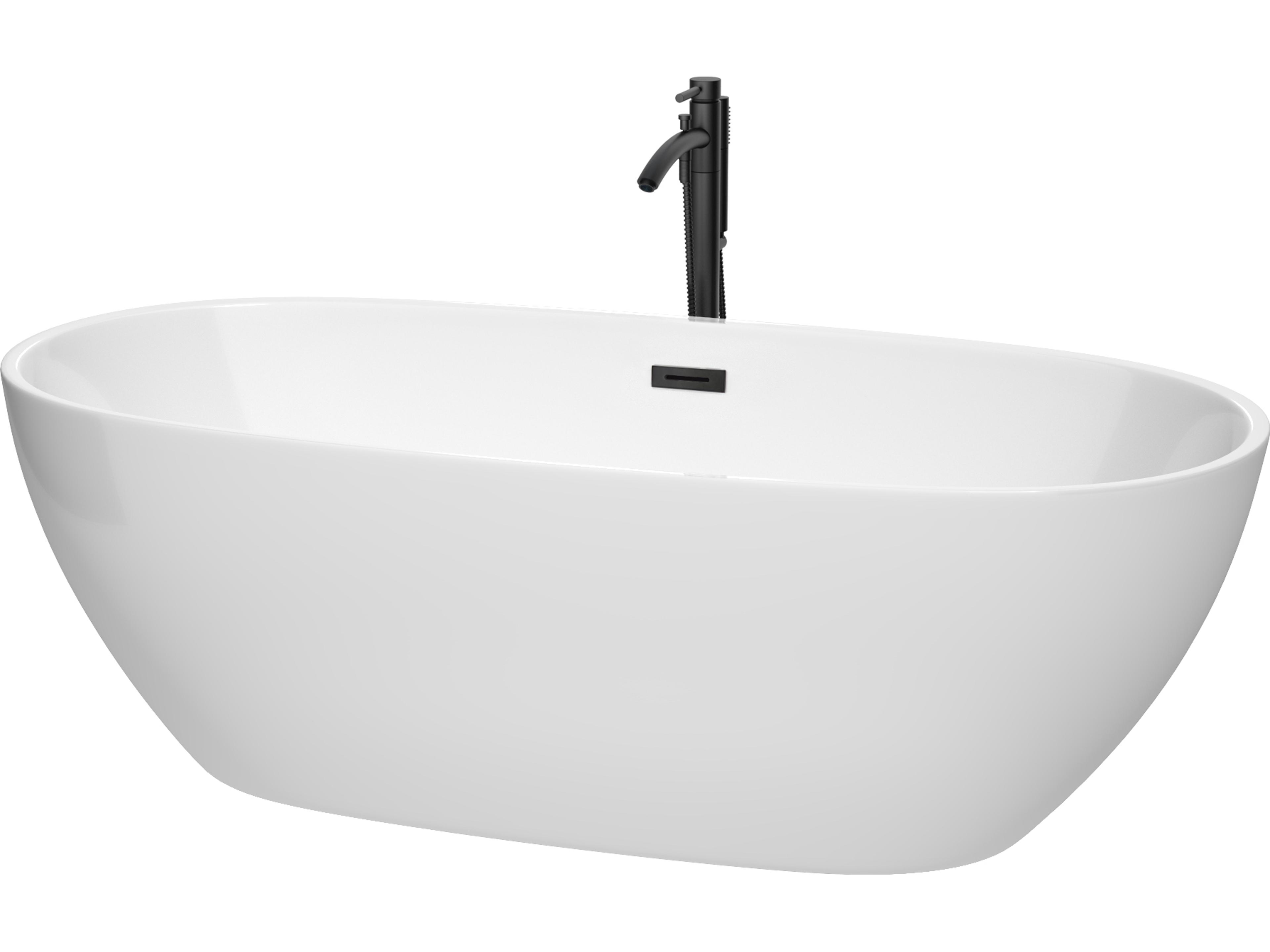Wyndham Collection Juno White Bathtub with Floor Mounted Faucet, Drain and Overflow Trim