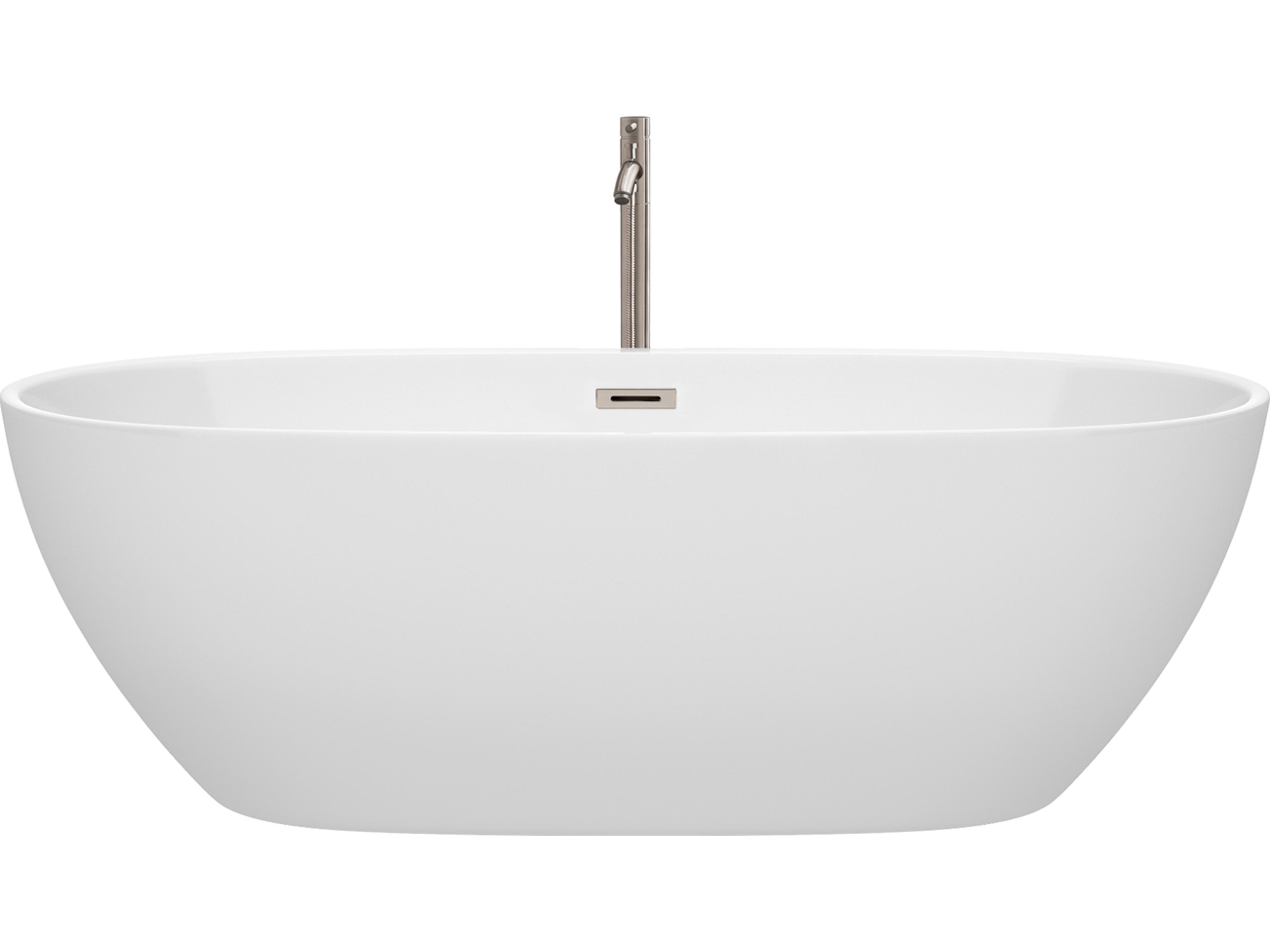 Wyndham Collection Juno White Bathtub with Floor Mounted Faucet, Drain and Overflow Trim