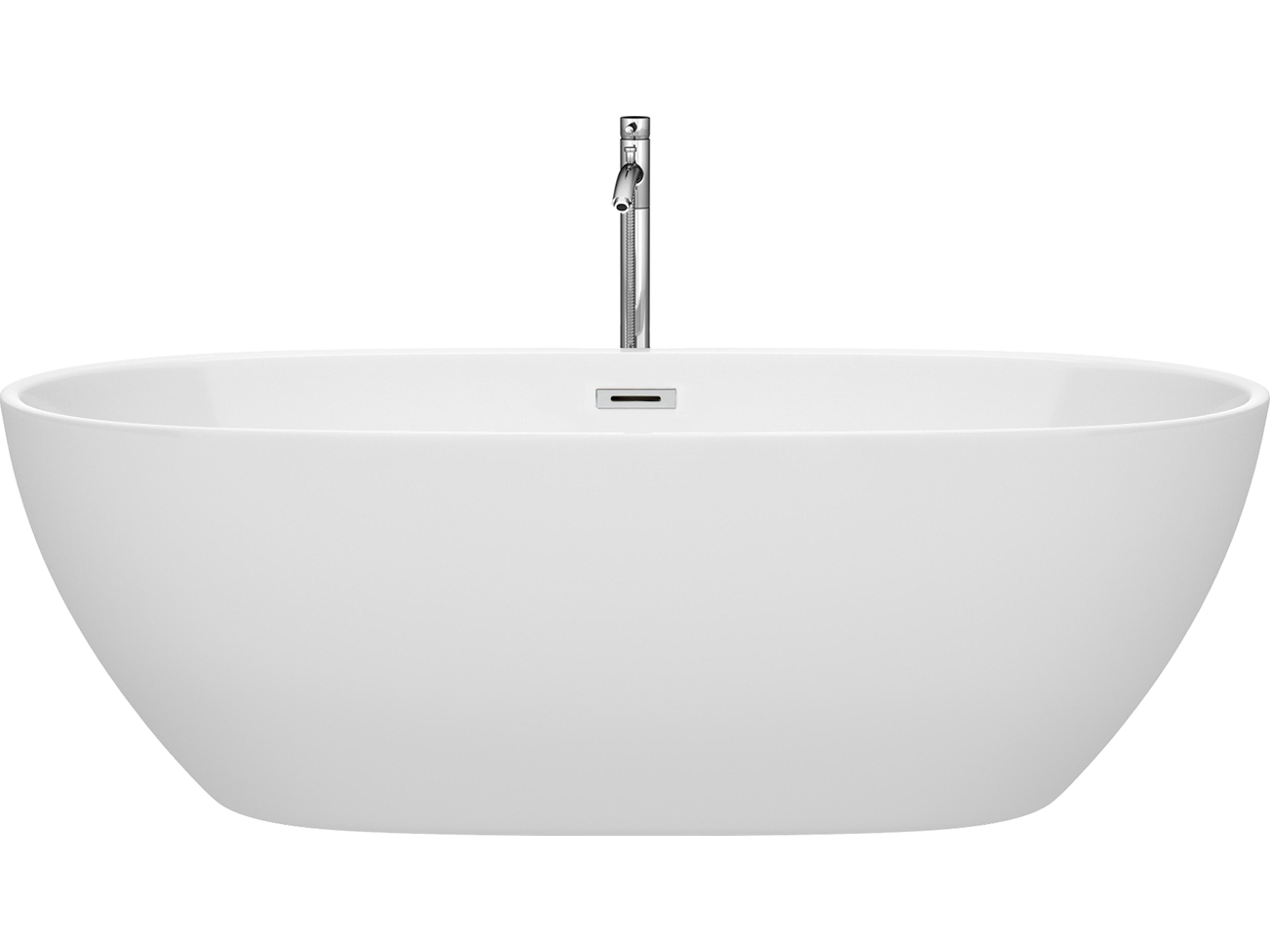 Wyndham Collection Juno White Bathtub with Floor Mounted Faucet, Drain and Overflow Trim