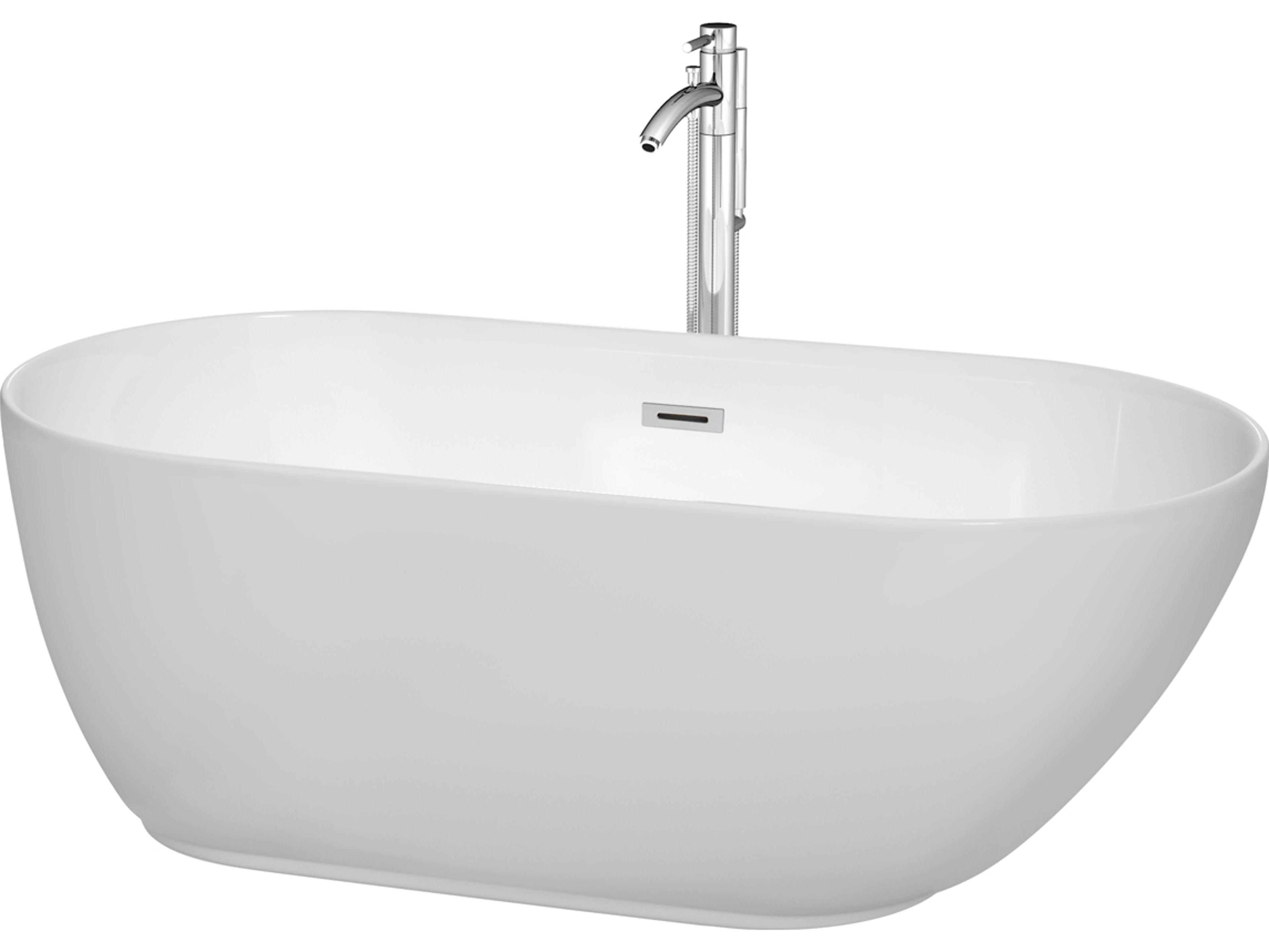 Wyndham Collection Melissa White Bathtub with Floor Mounted Faucet, Drain and Overflow Trim
