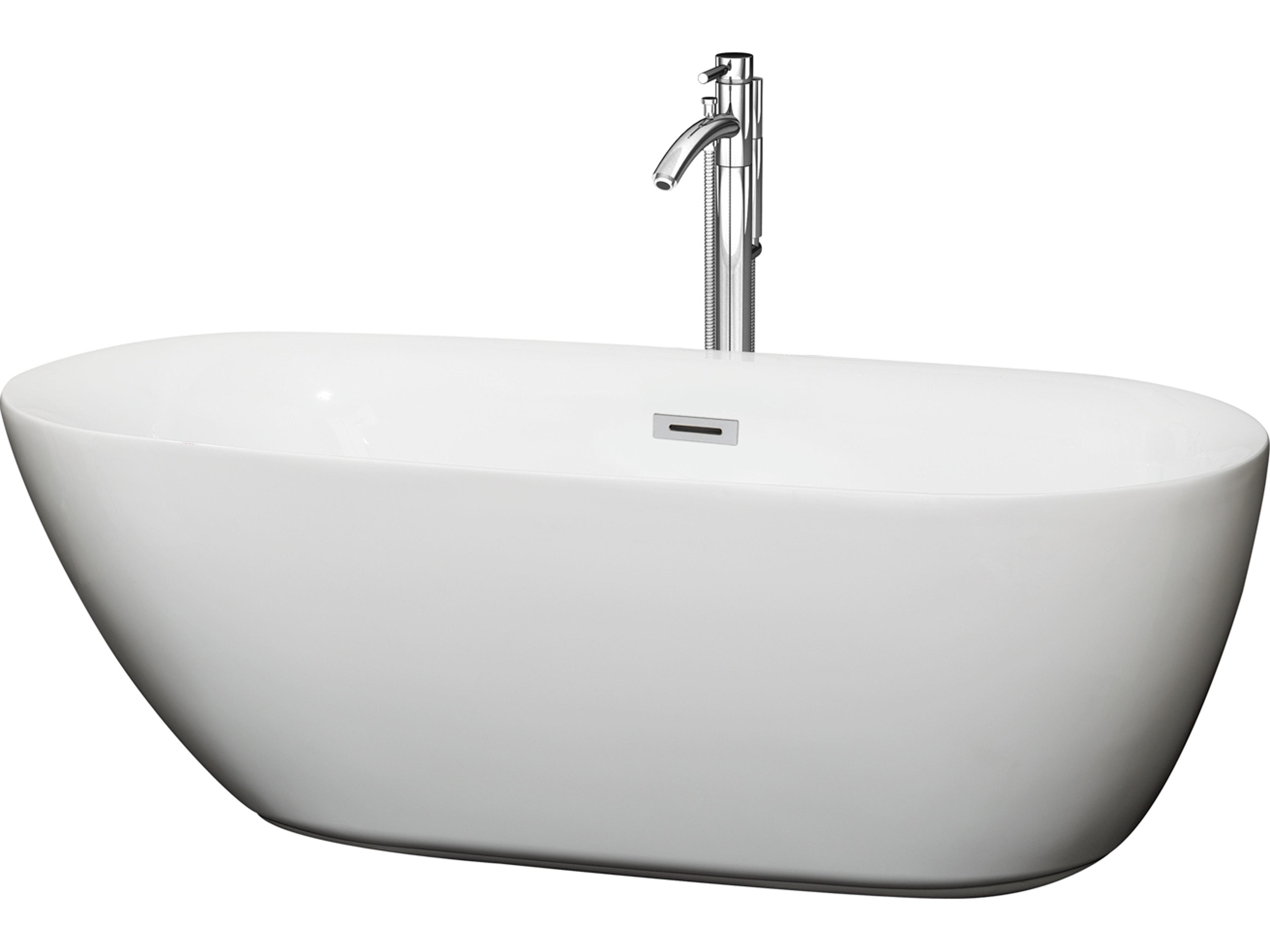 Wyndham Collection Melissa White Bathtub with Floor Mounted Faucet, Drain and Overflow Trim