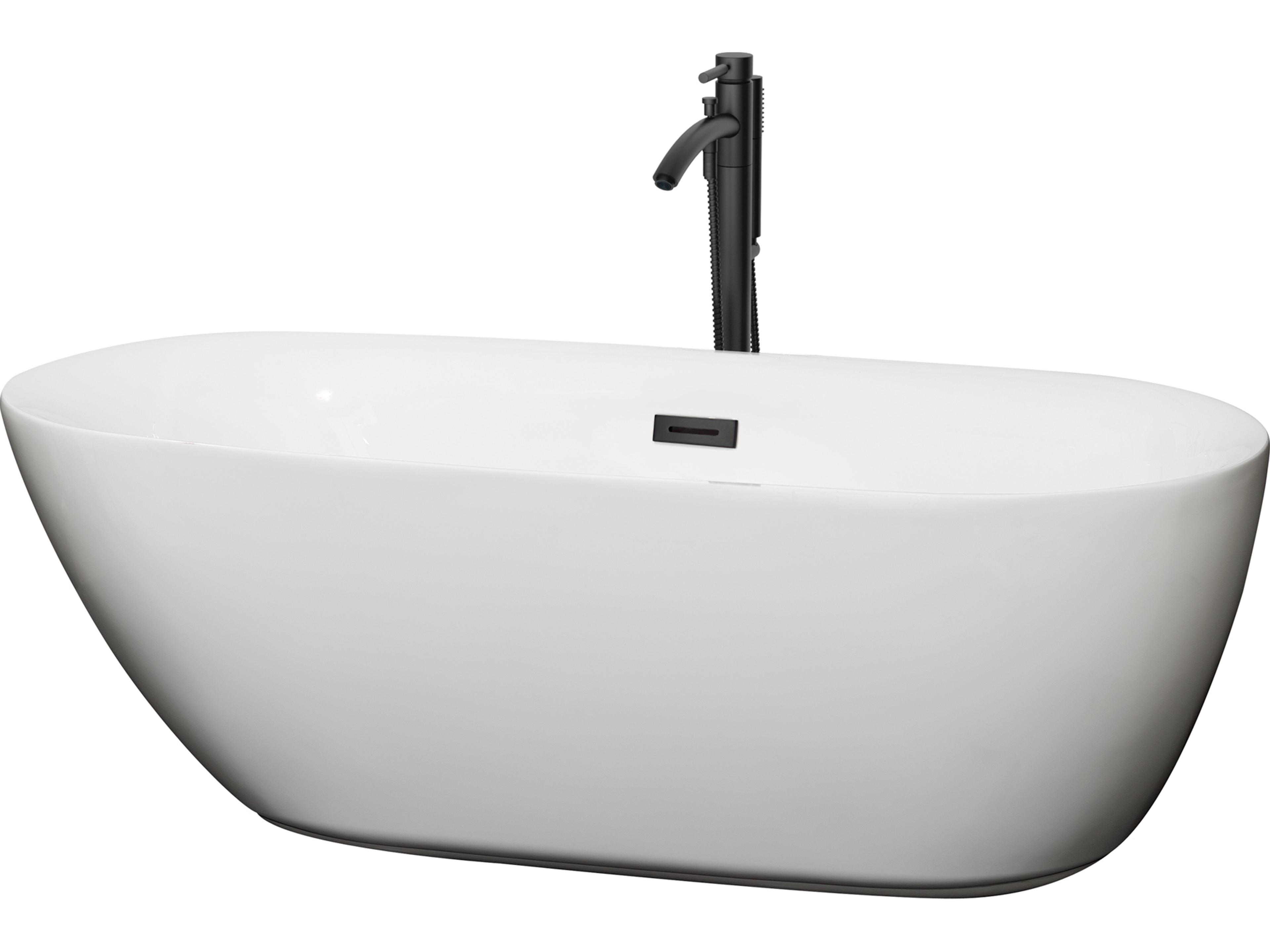 Wyndham Collection Melissa White Bathtub with Floor Mounted Faucet, Drain and Overflow Trim
