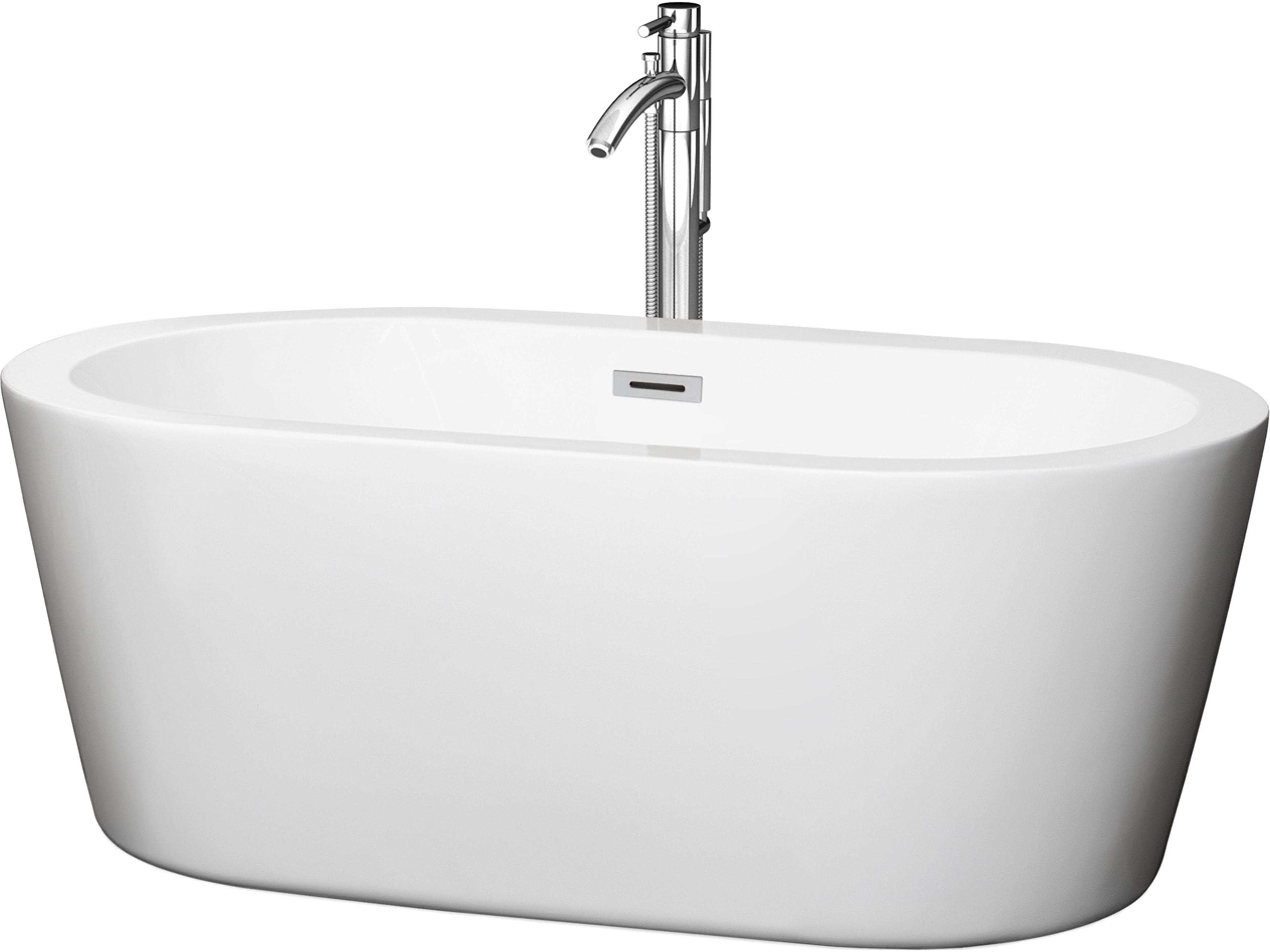 Wyndham Collection Mermaid White Bathtub with Floor Mounted Faucet, Drain and Overflow Trim