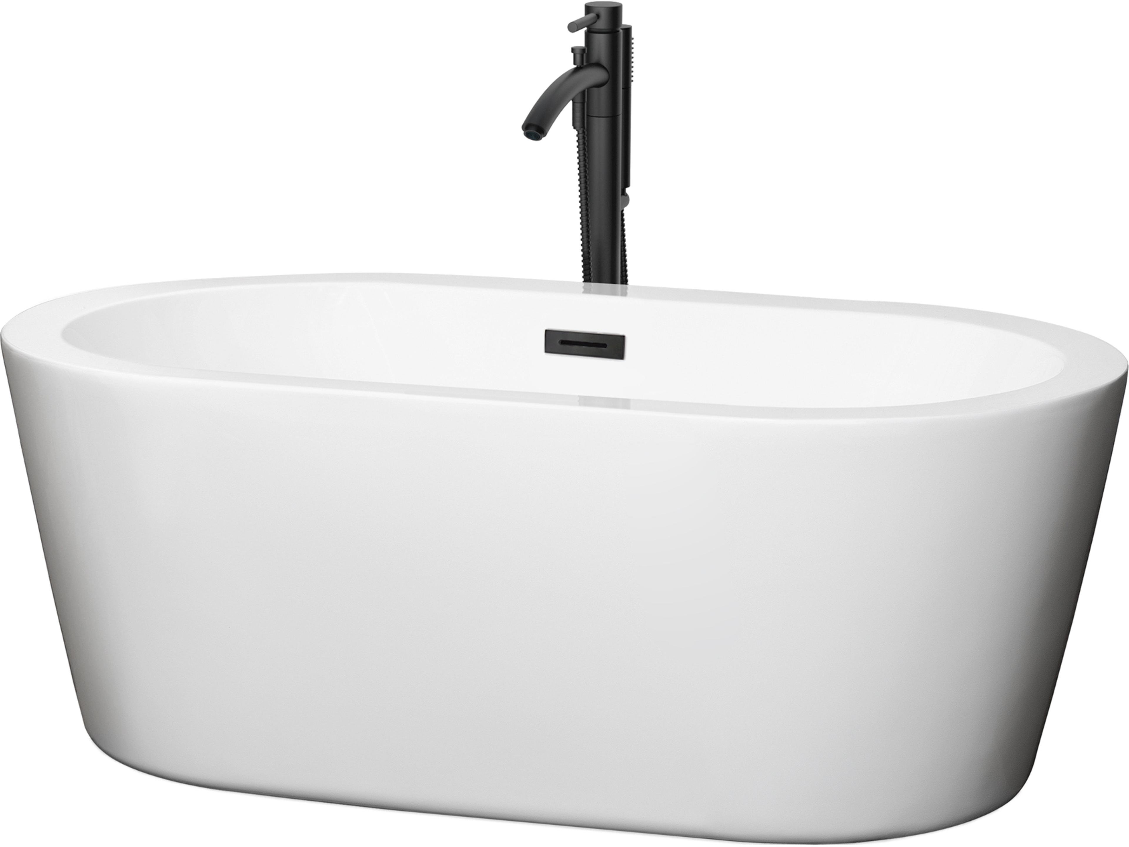 Wyndham Collection Mermaid White Bathtub with Floor Mounted Faucet, Drain and Overflow Trim